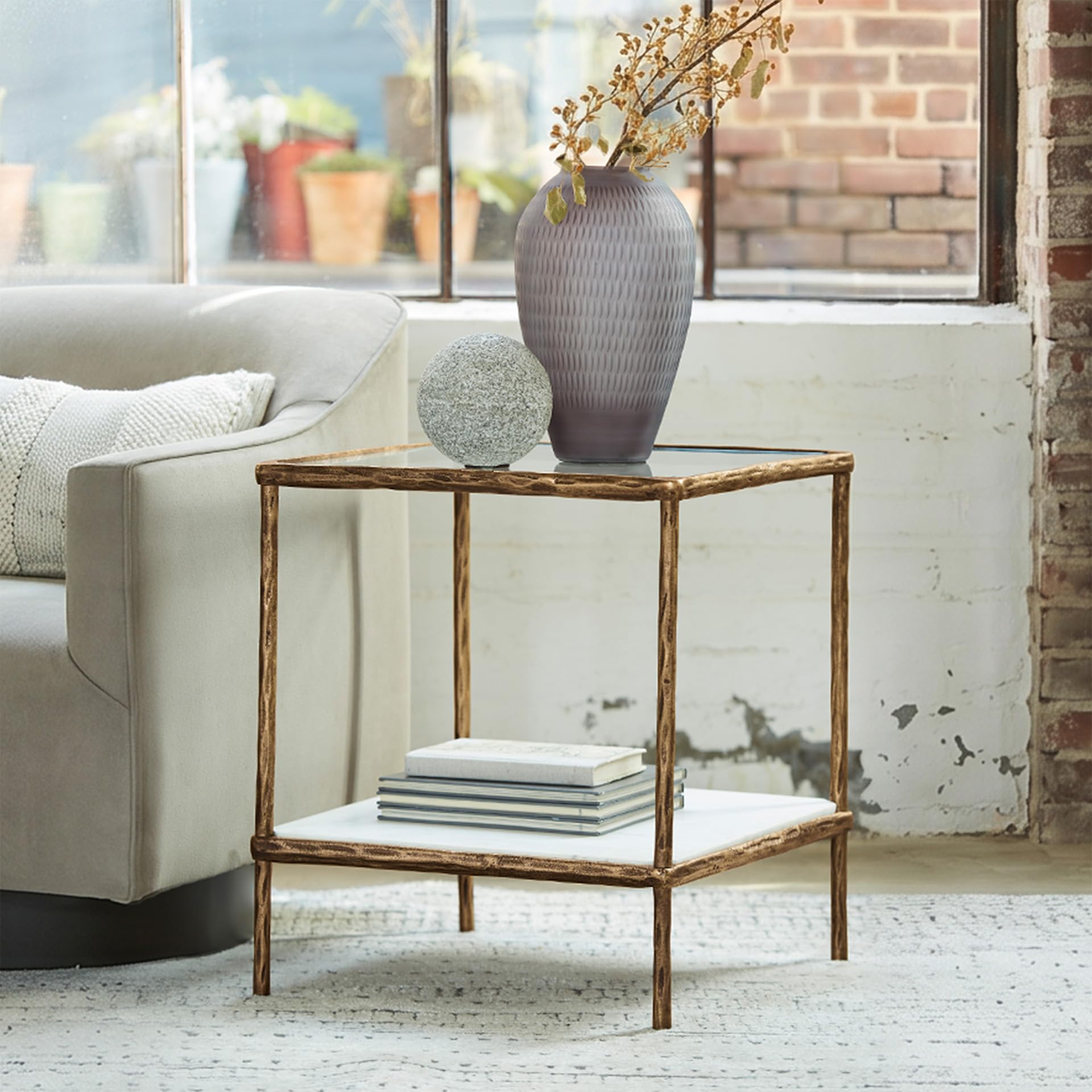 Signature Design by Ashley Ryandale Square Accent Table for Living Room, Sand - Casted Aluminum Frame With Brass Finish, Glass Top and White Marble Shelf, 21" Size
