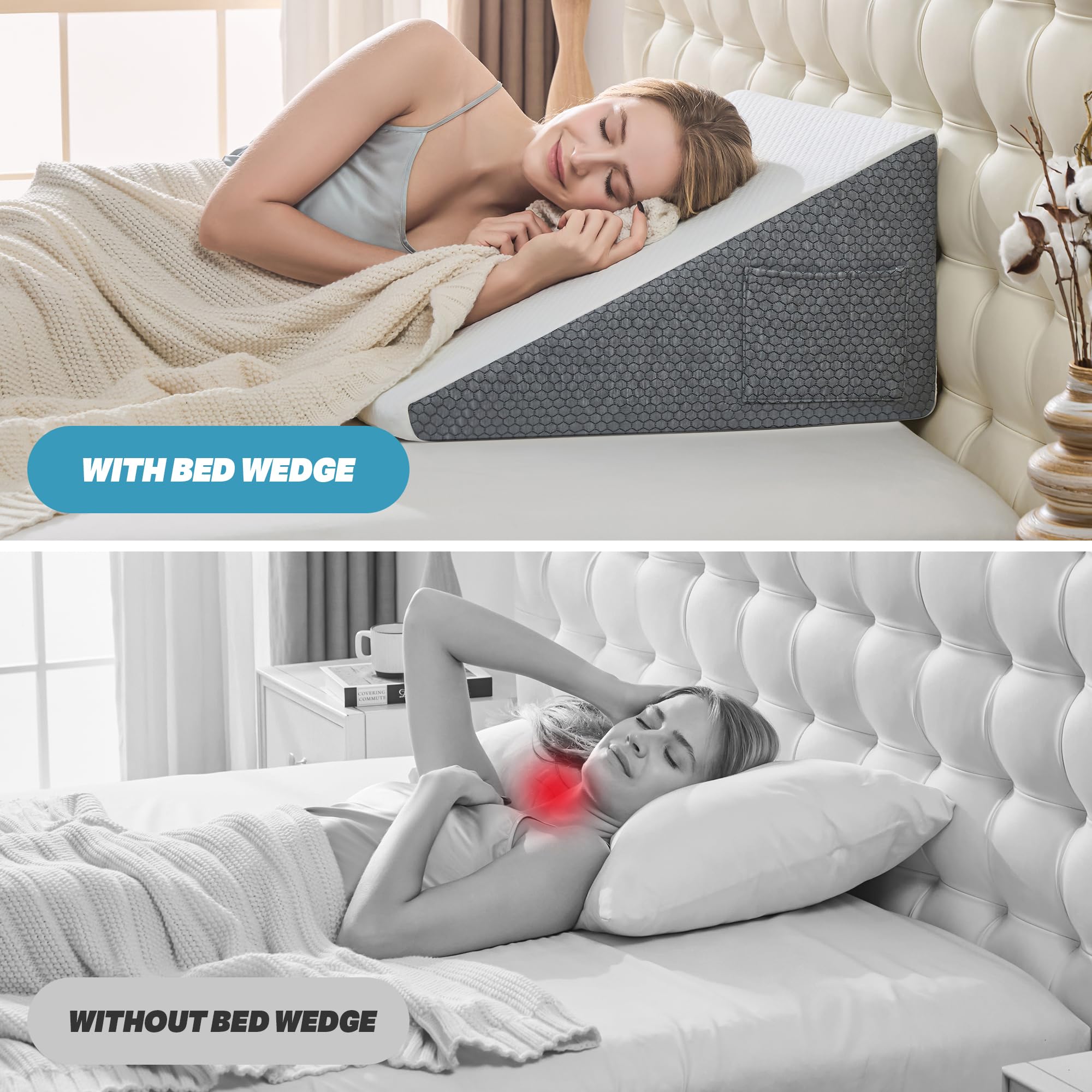 Cuscino a cuneo per dormire – 60x60x30 cm Cuscino triangolare per testata del letto, in memory foam, GERD, russamento, sollievo dal mal di schiena dopo gli interventi chirurgici, sollevamento