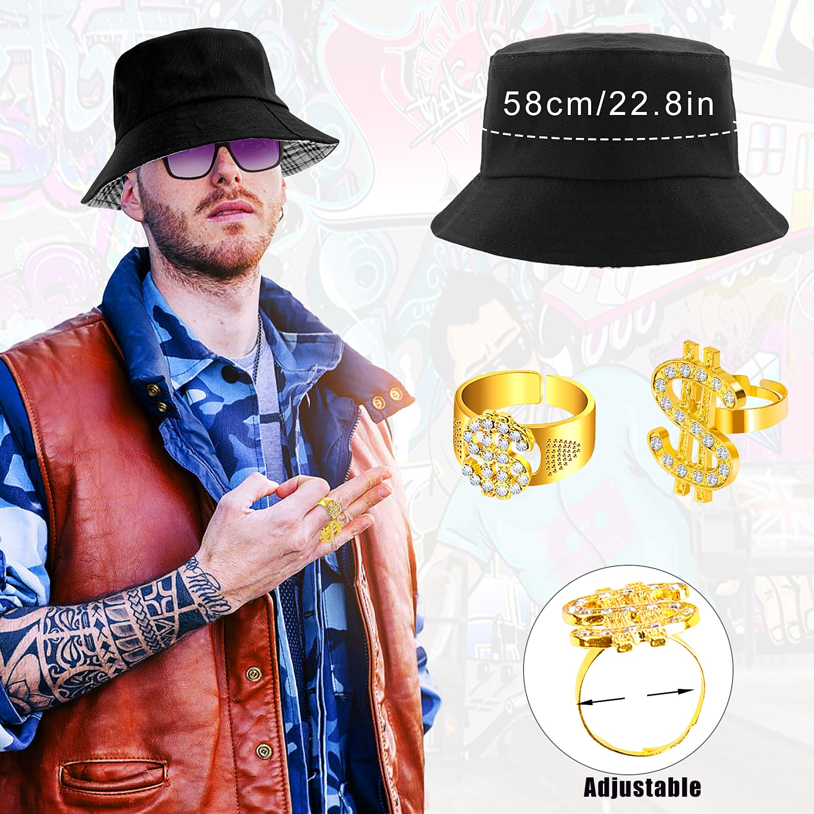 Dreamtop 6Pcs Hip Hop Costume kit 80s 90s Hip Hop Fancy Dress Rapper Fancy Dress Accessories with Bucket Hat Fake Gold Chain Dollar Sign Necklaces Rings Sunglasses for Women Men Hippie - Image 2