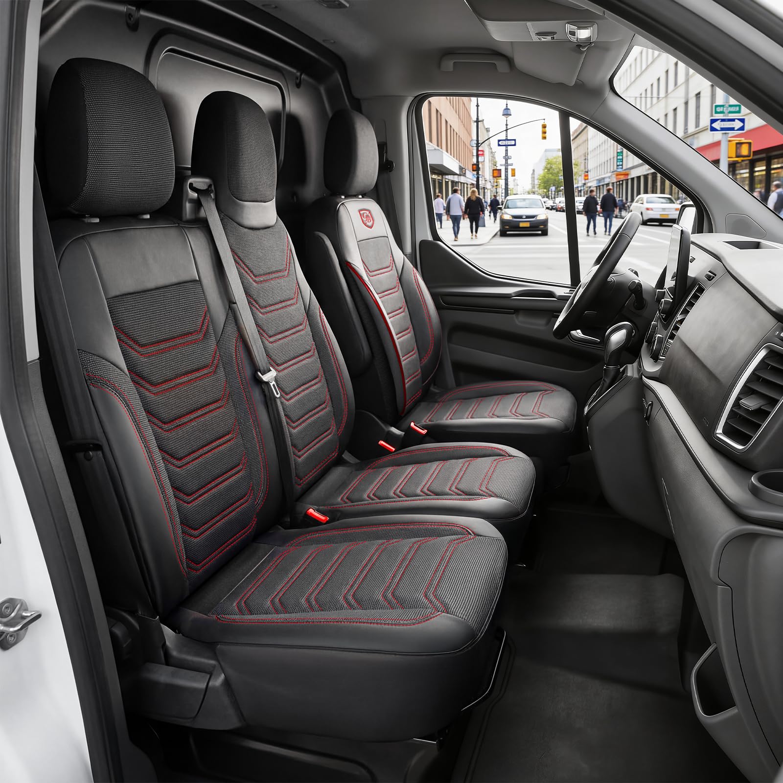 Housses de siège Auto 2+1 pour Renault Trafic 3, Opel Vivaro B (2014-2018), Fiat Talento (2016-2020) – Tissu piqué, Noir-Rouge – Set de sièges Avant, siège Passager Droit fractionné