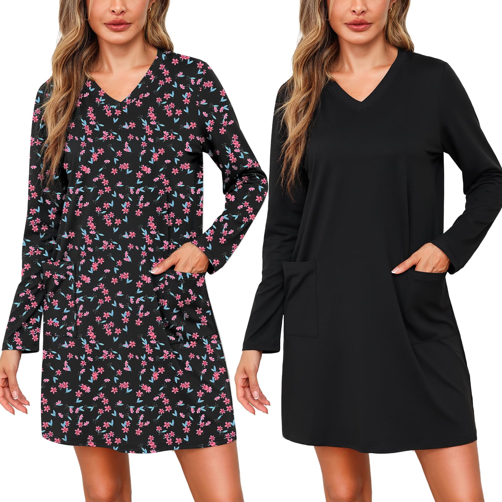 Women Long Sleeve Nightgowns Comfy V Neck Nightshirts 2 Pack Sleep Shirts with Pockets Sleepwear S-3XL