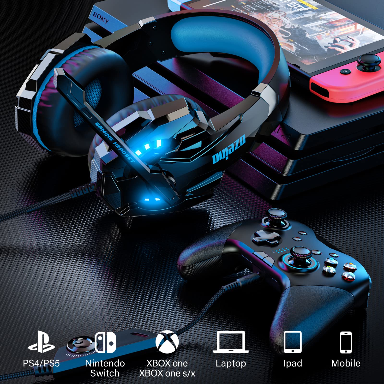 Ozeino Auriculares para Videojuegos para PS4 PS5 3D Surround Sound Cancelling Auriculares con micrófono para PC Xbox One Switch con luz LED