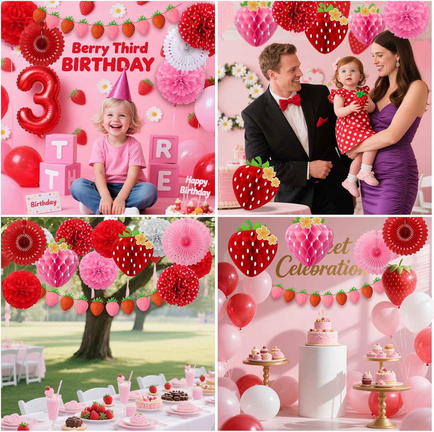 15 Pcs Strawberry Paper Fan Tissue Pom Poms Party Decorations, Strawberry Honeycomb Ball Garland Berry Banner Decor for Birthday, Baby Bridal Shower, Berry First Sweet Party Decorations Supplies - Image 7