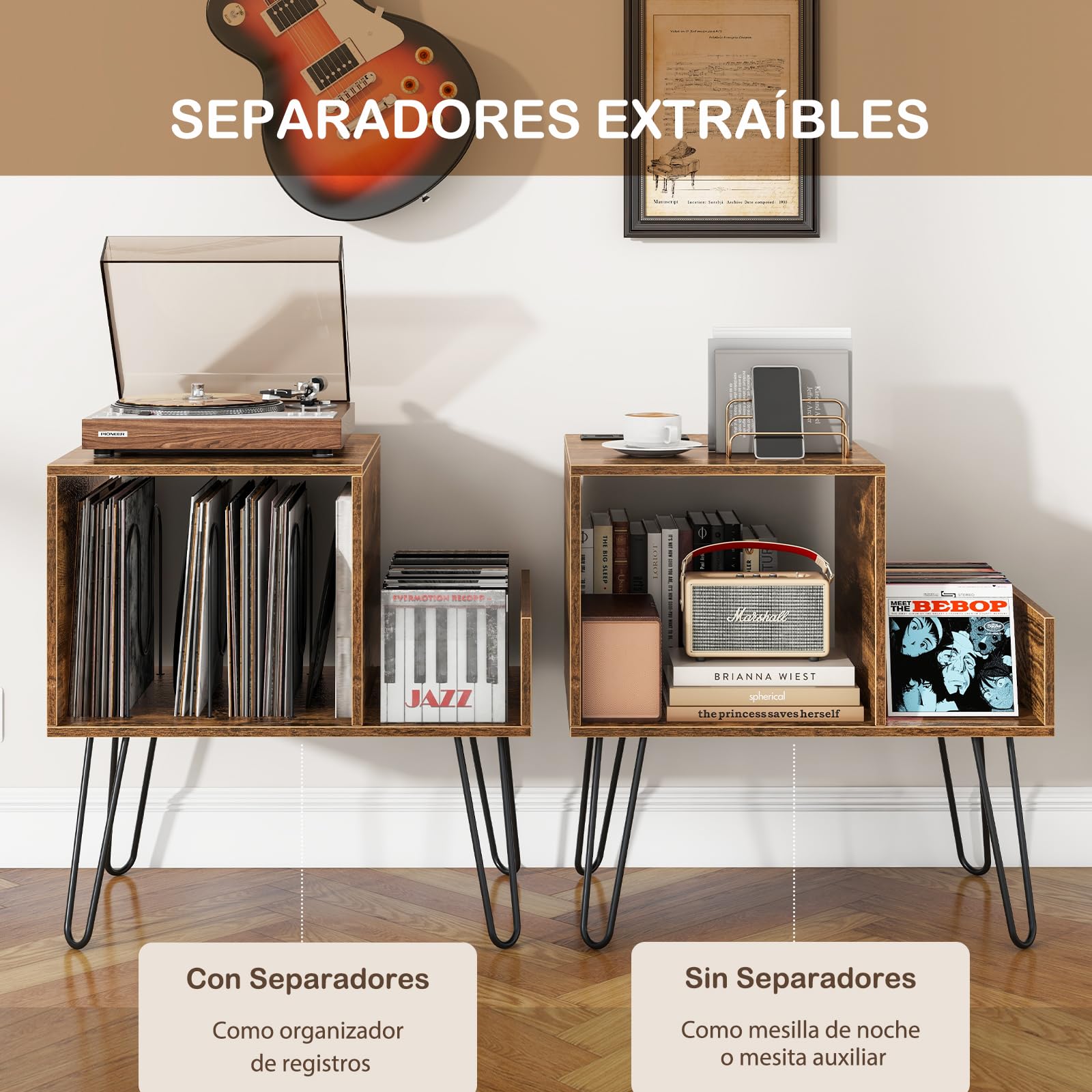 GIANTEX Soporte para Tocadiscos, 66 x 45 x 67 cm, Mesa Auxiliar con Estación de Carga Incorporada, Estantería de Almacenamiento para Vinilos con Patas Metálicas, Armario para Dormitorio, Salón (Café)
