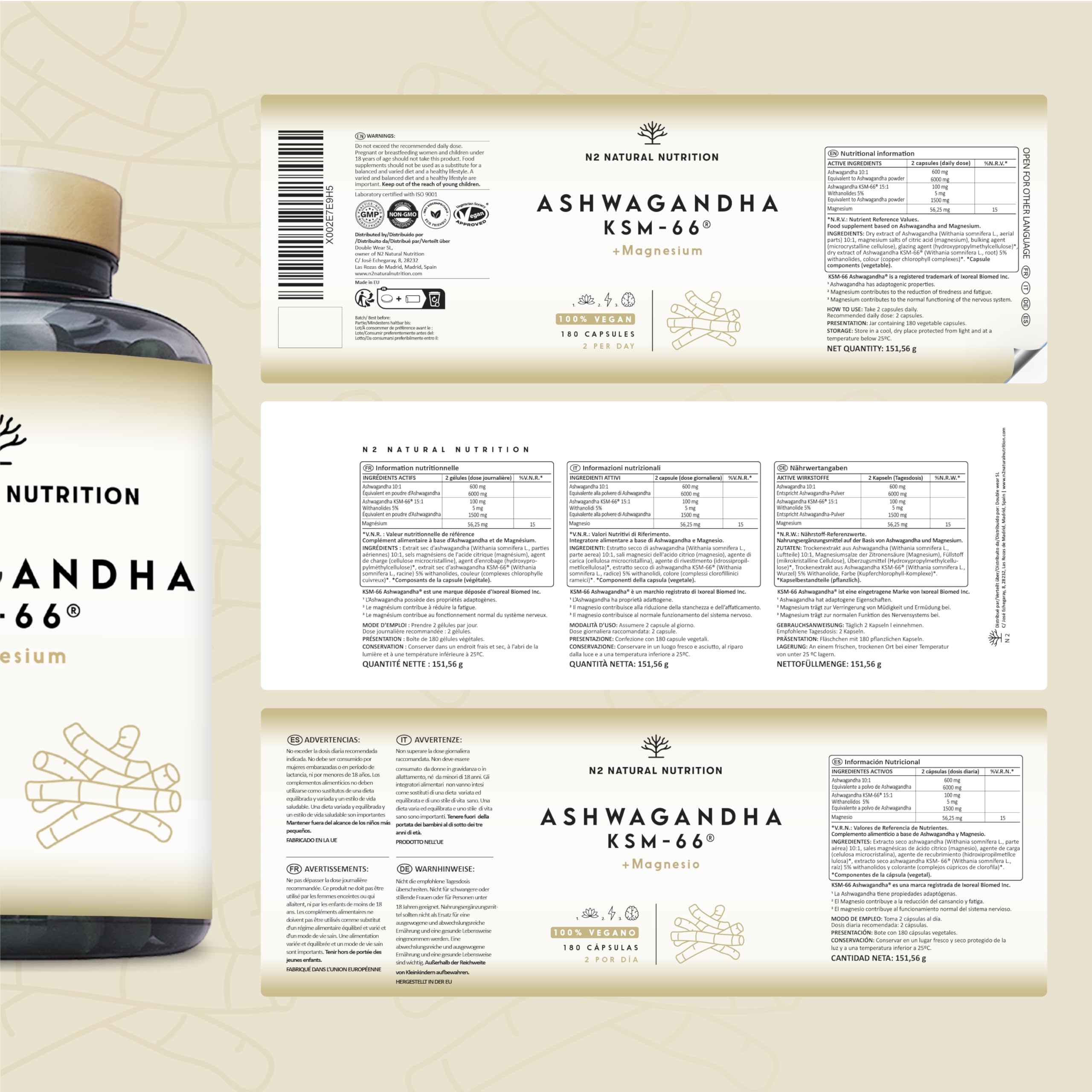 Ashwagandha KSM-66 + Magnésium. 7500 mg Extrait, 180 Gélules. Withanolides, Alcaloïdes, Flavonoïdes, Adaptogène Complet pour Sommeil, Humeur, Vitalité. N2 Natural Nutrition
