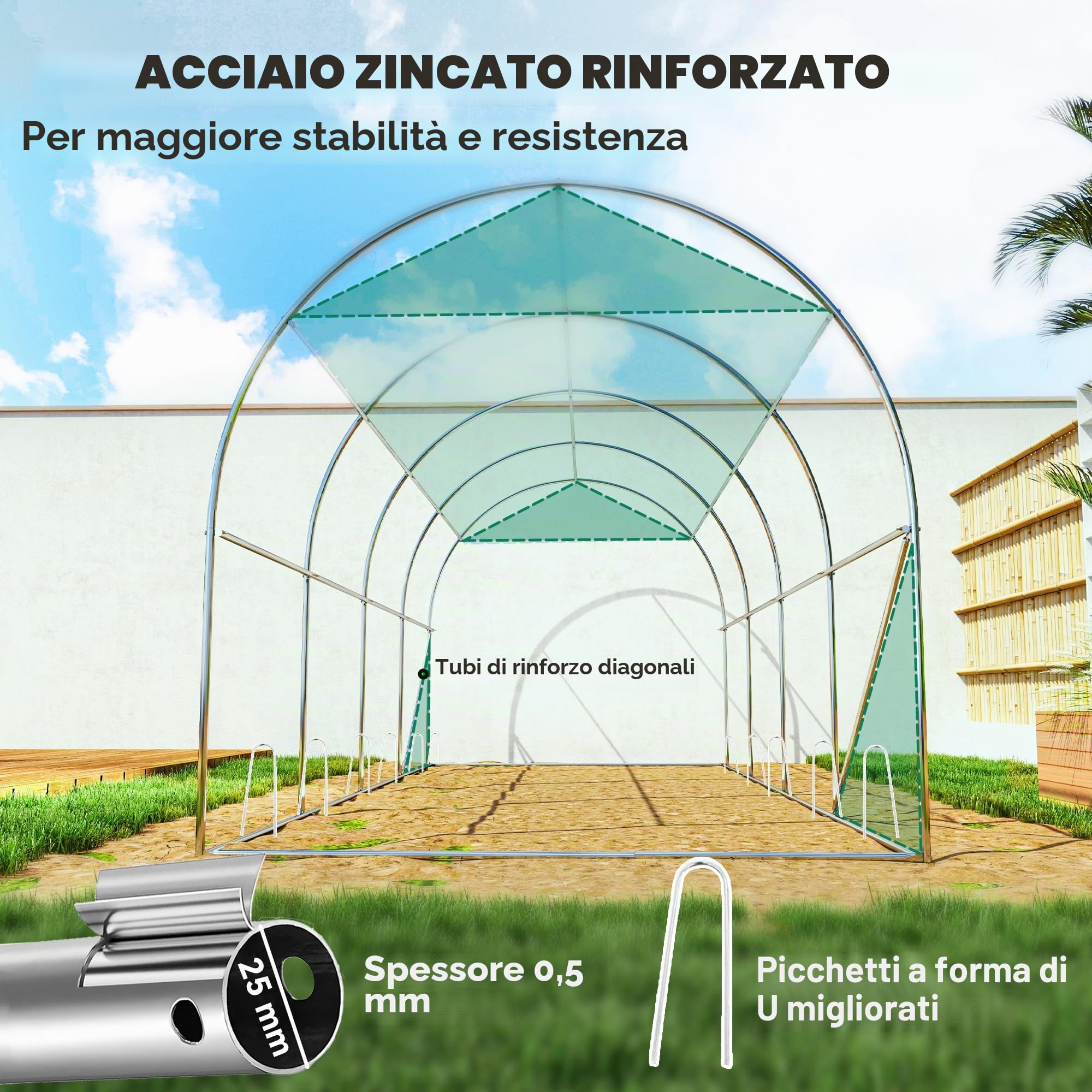 Outsunny Serra esterna 4,5x2x2m con copertura extra Tunnel Verde | Pareti laterali arrotolabili, 8 finestre a rete, doppia porta arrotolabile, per giardino patio