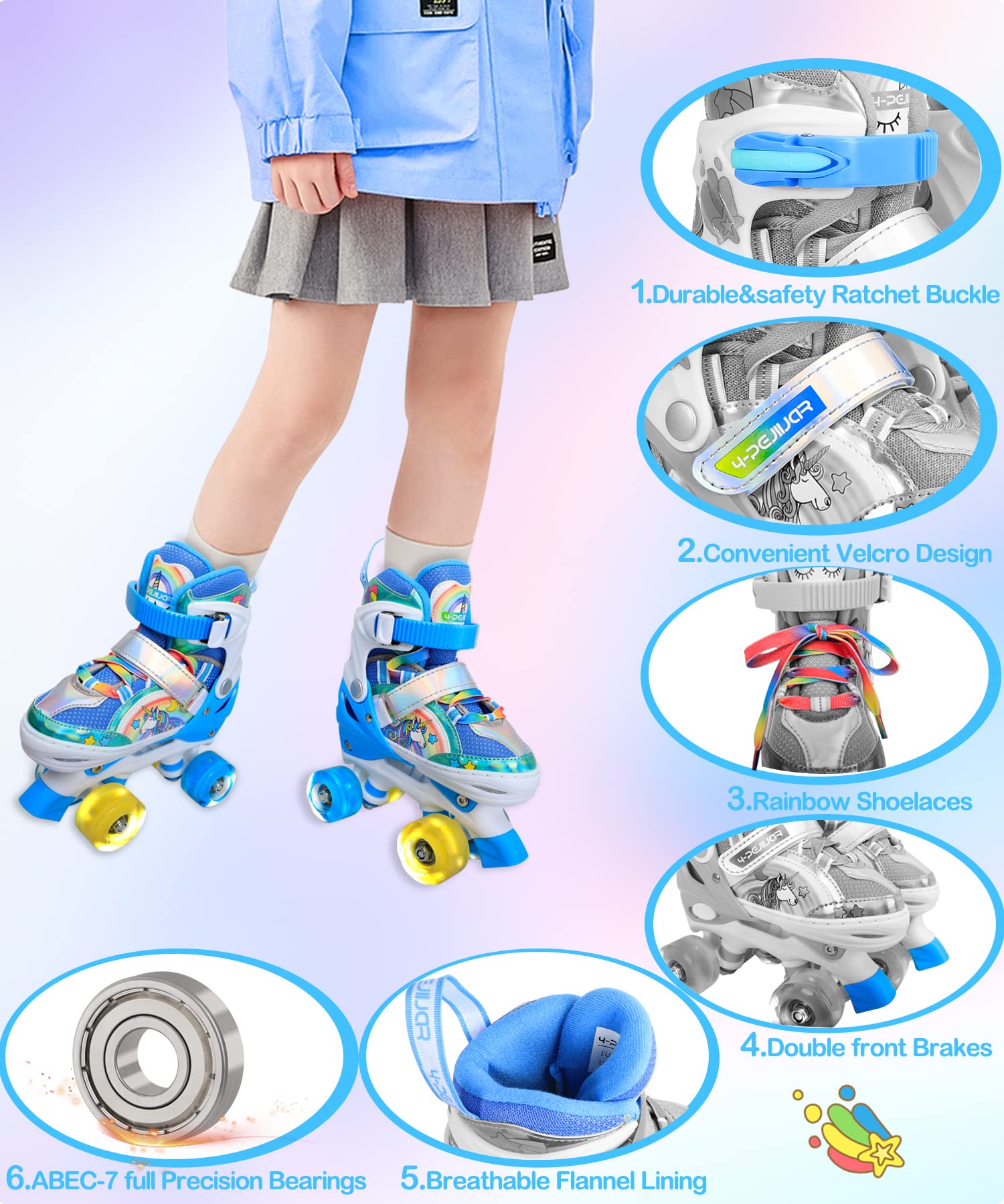 Pattini a Rotelle Bambina Unicorno Pattini Regolabili Pattini a Rotelle in Linea con 4 LED Ruote per Bambini Ragazzi Principianti