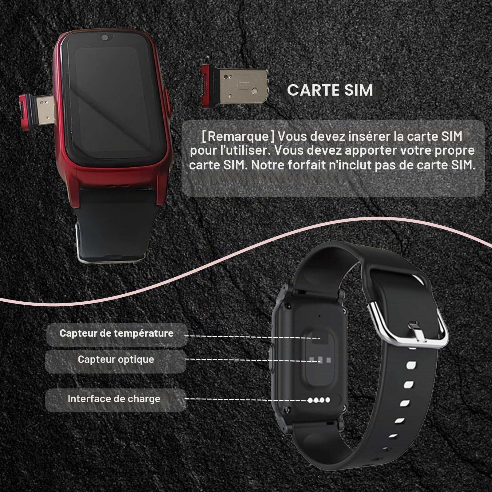 Dispositifs De Détection De Chute pour Seniors, Tracker GPS 4G pour Personnes Âgées, pour Alzheimer Et Démence, Appel Vidéo HD Montre Connectée SeniorRed,1.25 * 0.57 * 2.22inch