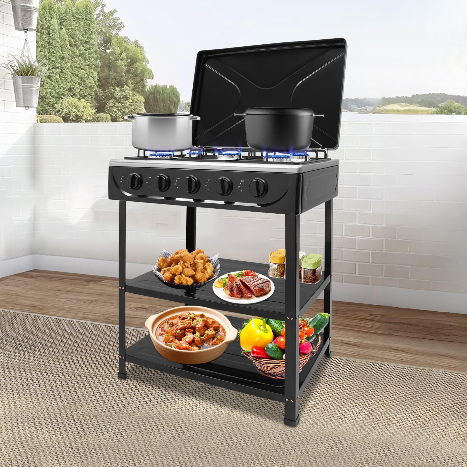 Fornello a gas a 5 fiamme, freestanding portatile, fornello a gas naturale, piano cottura a gas rettangolare con supporto antiscivolo per attività all'aperto (nero)