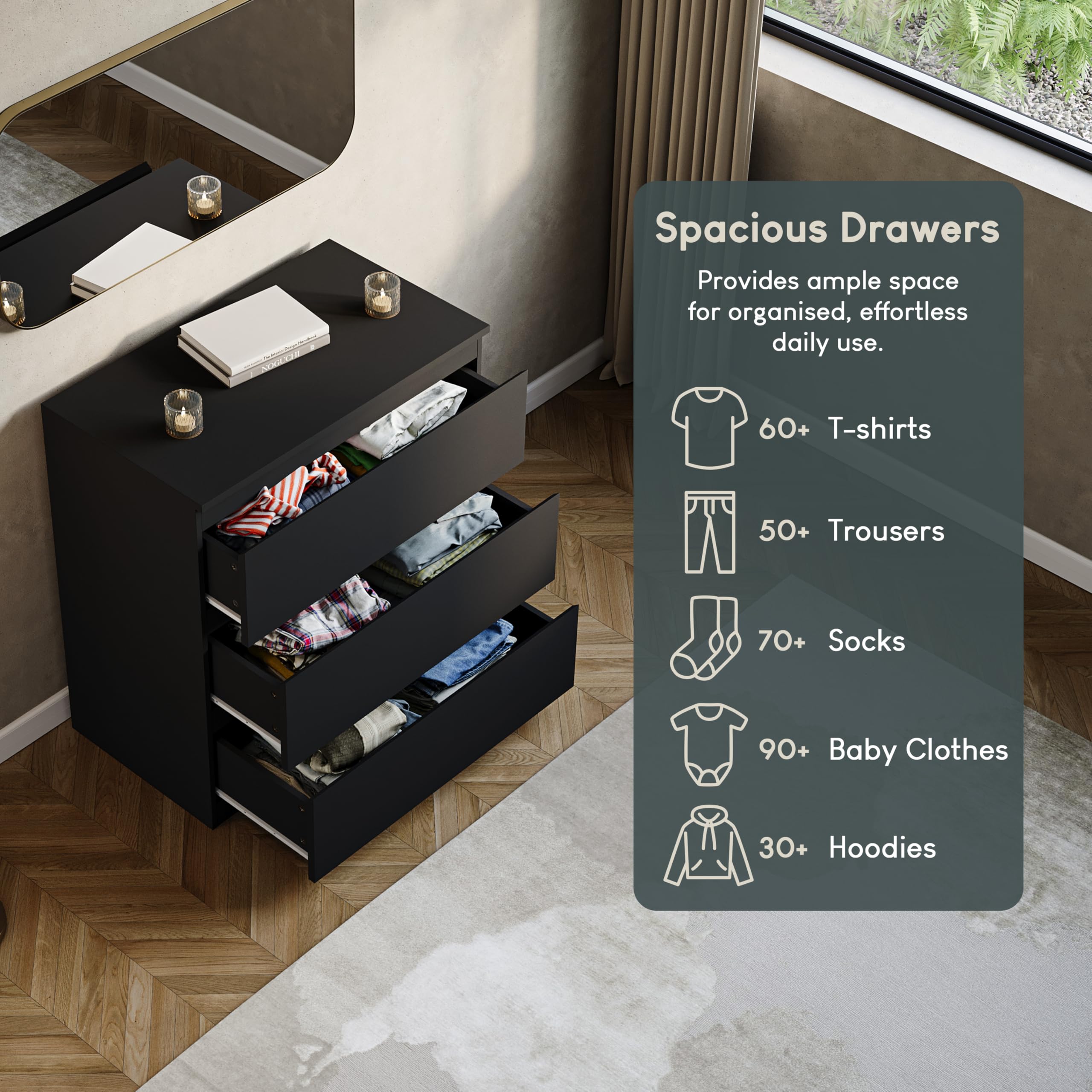 Vida Designs Denver Commode à tiroirs (Noir, 3 tiroirs)