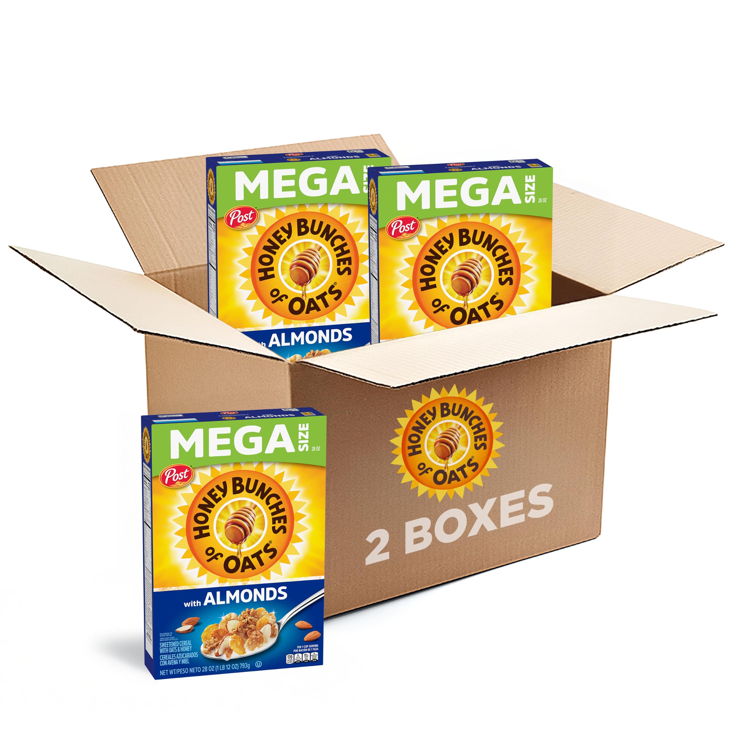 Honey Bunches of Oats with Almonds Breakfast_Cereal, Honey Almond Cereal with Oats and Granola Cluster, Whole Grain Breakfast-Cereal, 28 oz Mega Size Box (Pack of 2)