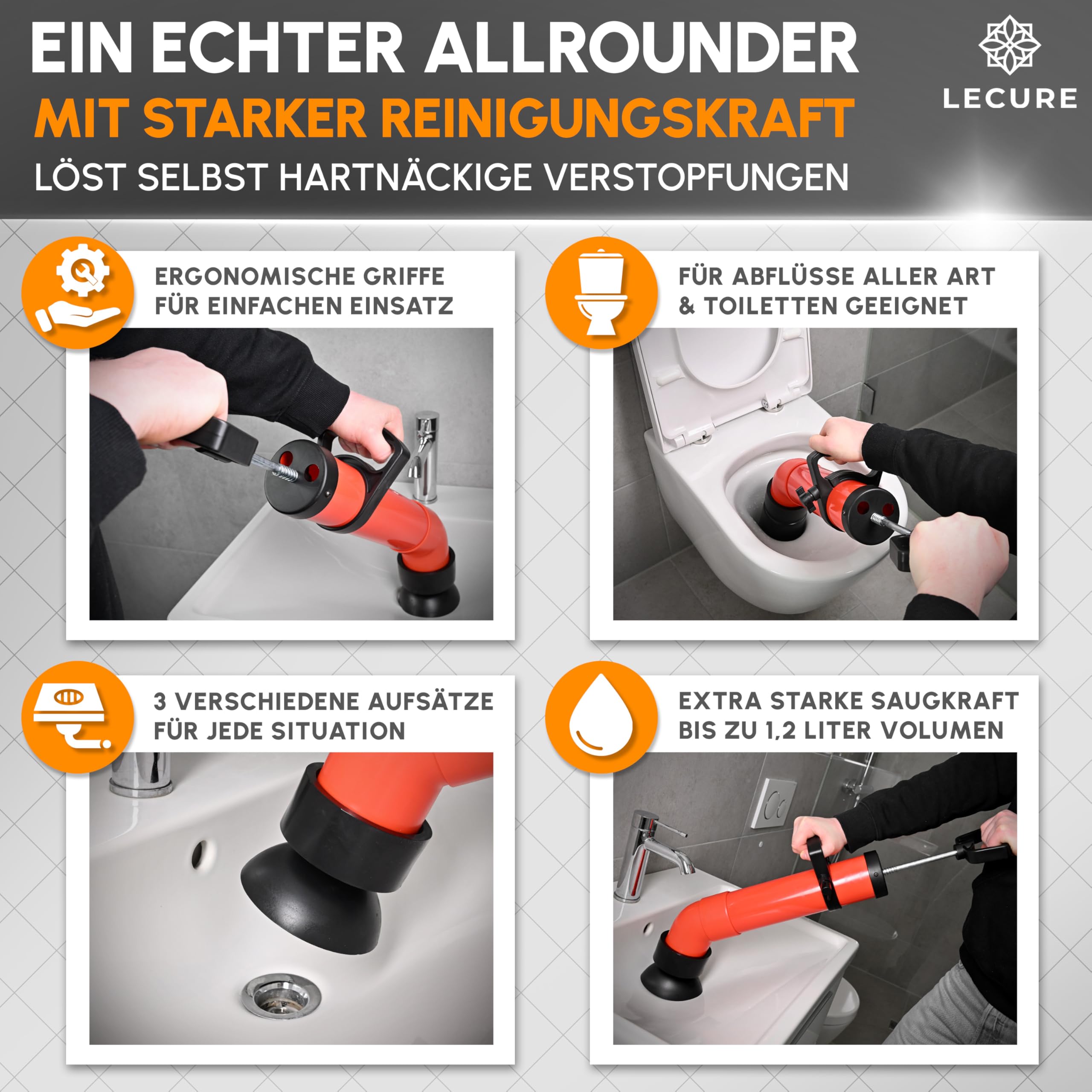 Rohrreinigungspumpe [Inkl. 3x Aufsätze] - Effektive Abflusspumpe für Rohrreinigung inkl. Handschuhen und 3 Abfluss-Adaptern für Dusche, Toilette, Spüle & Co.
