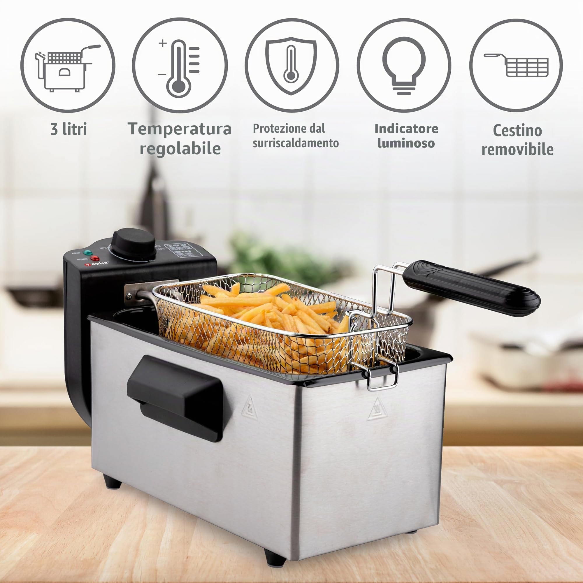 alpina Friggitrice - Friggitrice - 3 Litri - 2000 Watt - Acciaio inossidabile - Con Pulsante Termostato