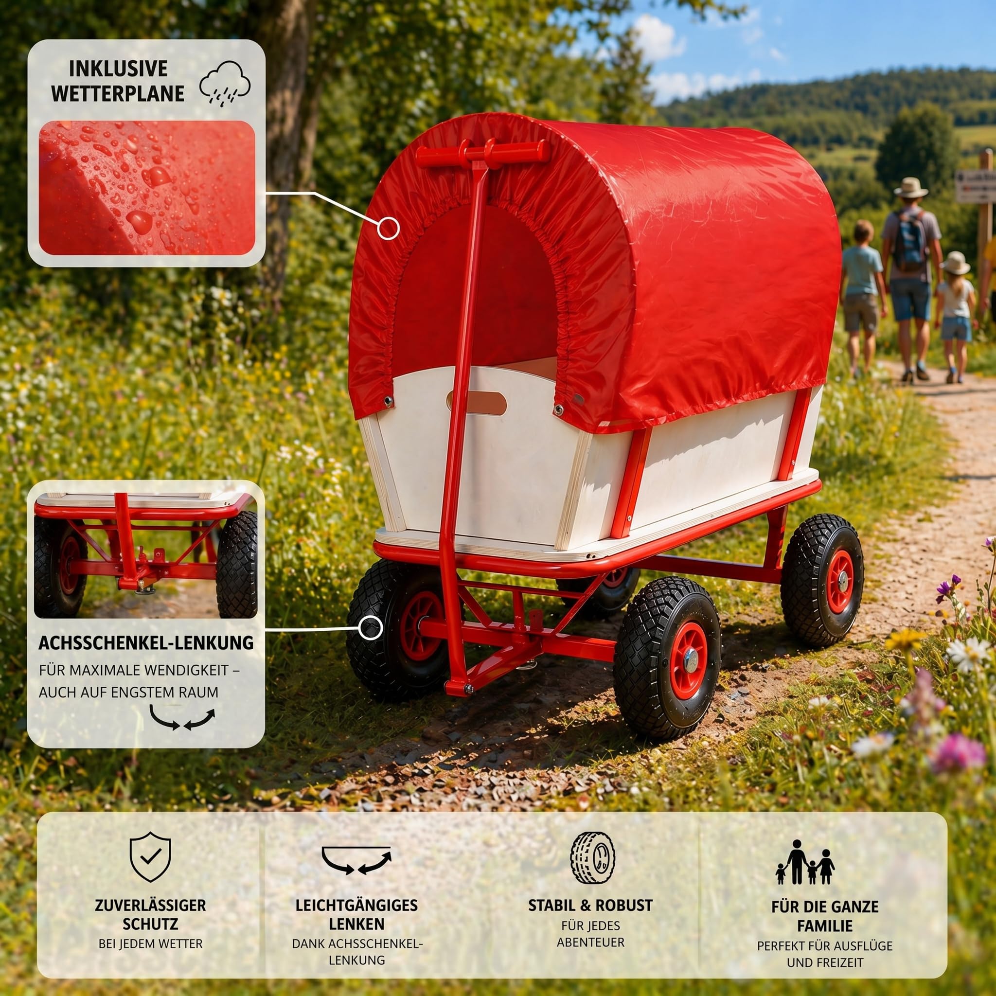 MONZANA® Bollerwagen Holz bis 180 kg mit Dach Luftreifen Stabil Robust Stahl Allround Handwagen Gartenwagen Strandwagen Leiterwagen Transportwagen Rot