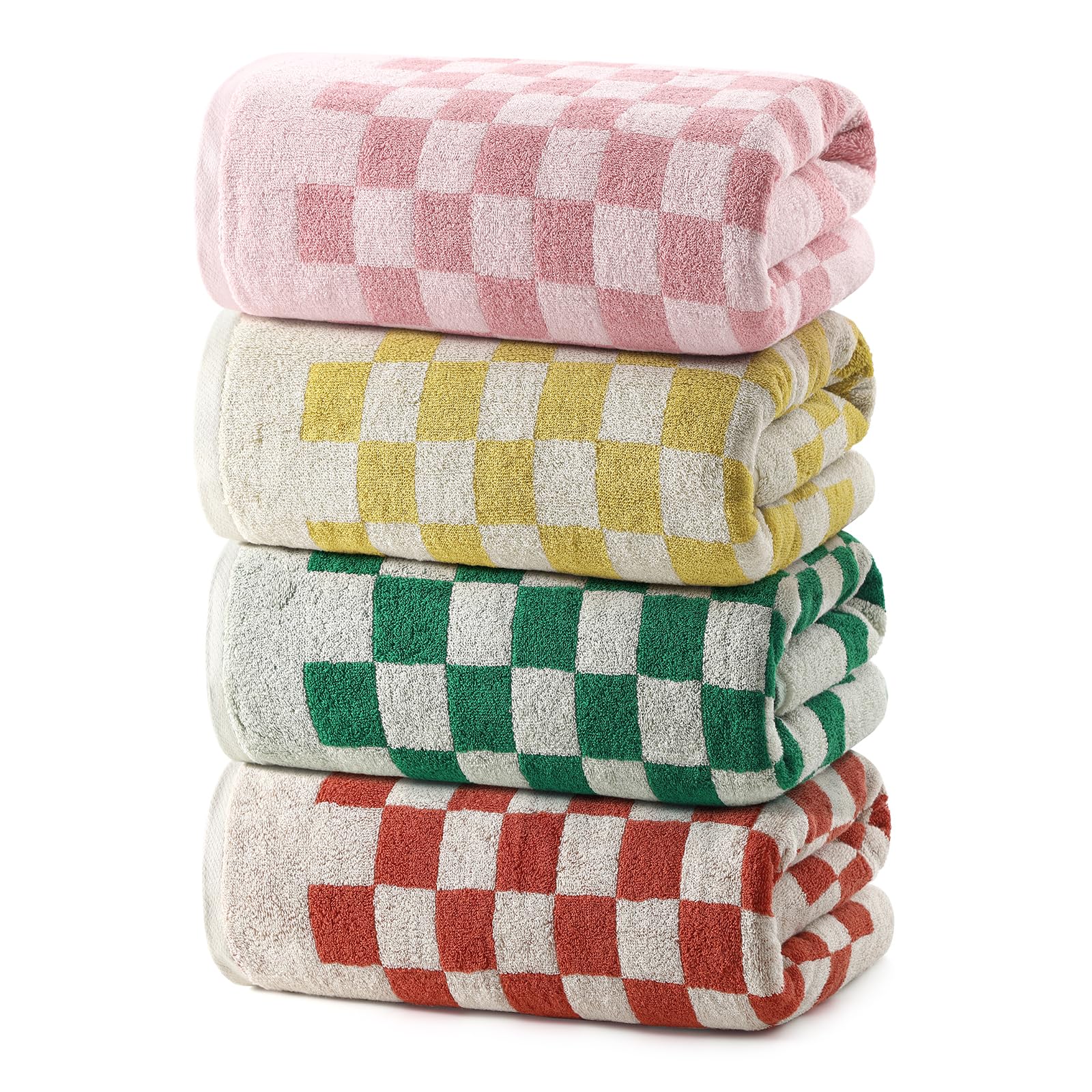 REDKISS Checkered Bath Towels Set - 4 Piece Large Shower Towels for Bathroom Decoration Highly Absorbent Cotton Bath