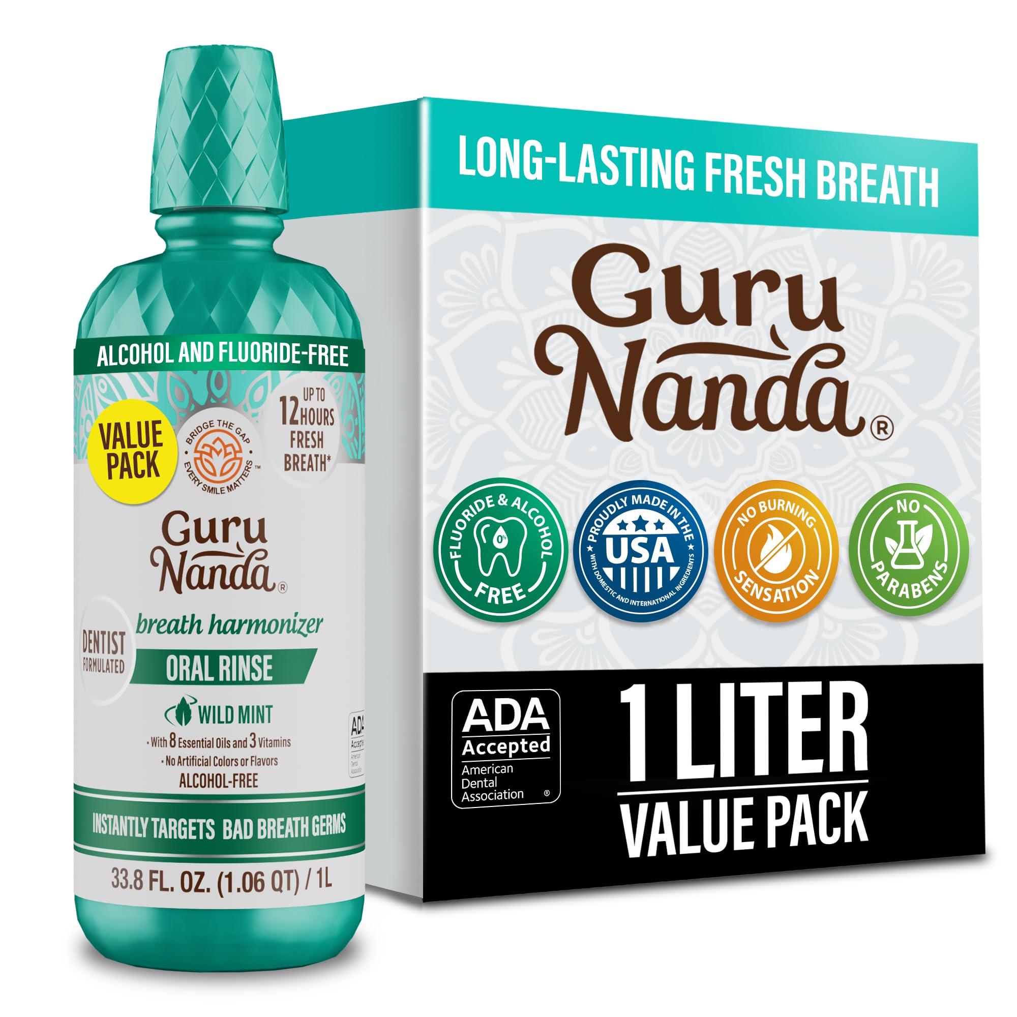 GuruNandaFresh Breath Mouthwash, ADA-Accepted, Alcohol & Fluoride-Free, Sodium Chlorite, Essential Oils & Vitamins, 12-Hrs Fresh Breath, Wild Mint, 33.8 oz