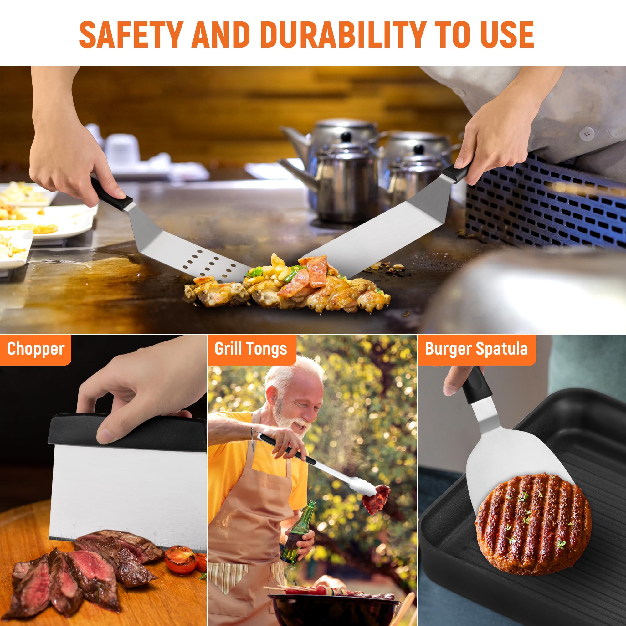 Kit de accesorios para plancha, juego de 20 espátulas de metal de acero inoxidable, juego de utensilios de espátula para barbacoa con bolsa de almacenamiento, juego de espátulas profesionales para