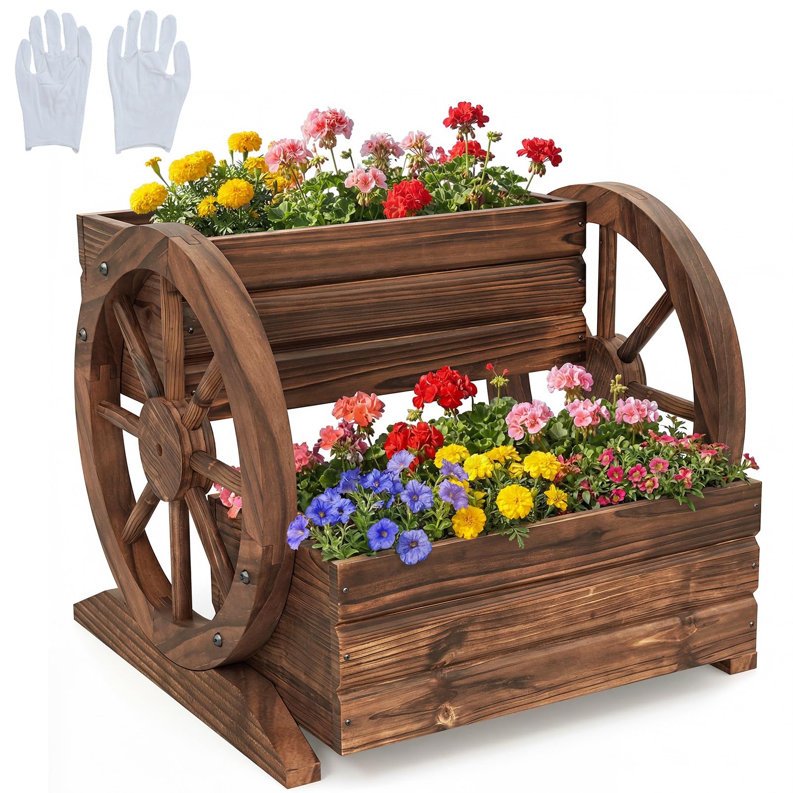 HOMASIS Carriola da Giardino in Legno, Fioriera con Ruote e Vaso da Fiori, Orto Rialzato da Giardino con Fori di Drenaggio e Guanti, Carrello Decorazione da Balcone (Marrone, 46 x 44 x 35 cm)