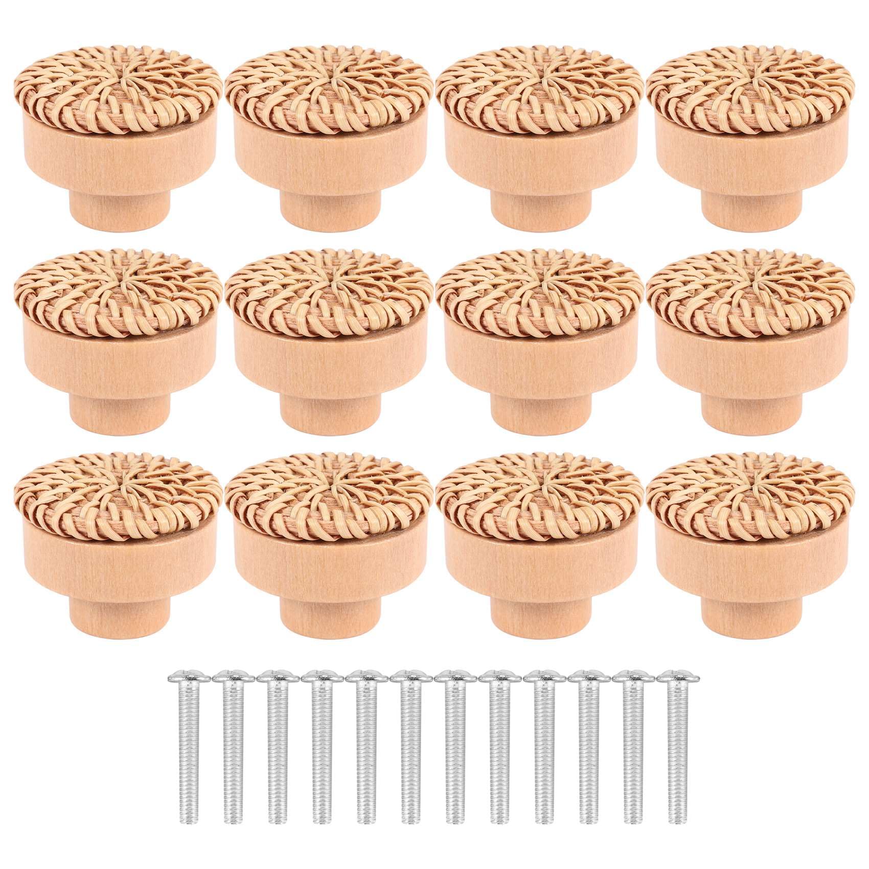 Littimoon Boho Rattan Dresser Knobs Round Wooden Drawer Knobs Handmade Wicker Woven and Screws for Boho Furniture Knobs