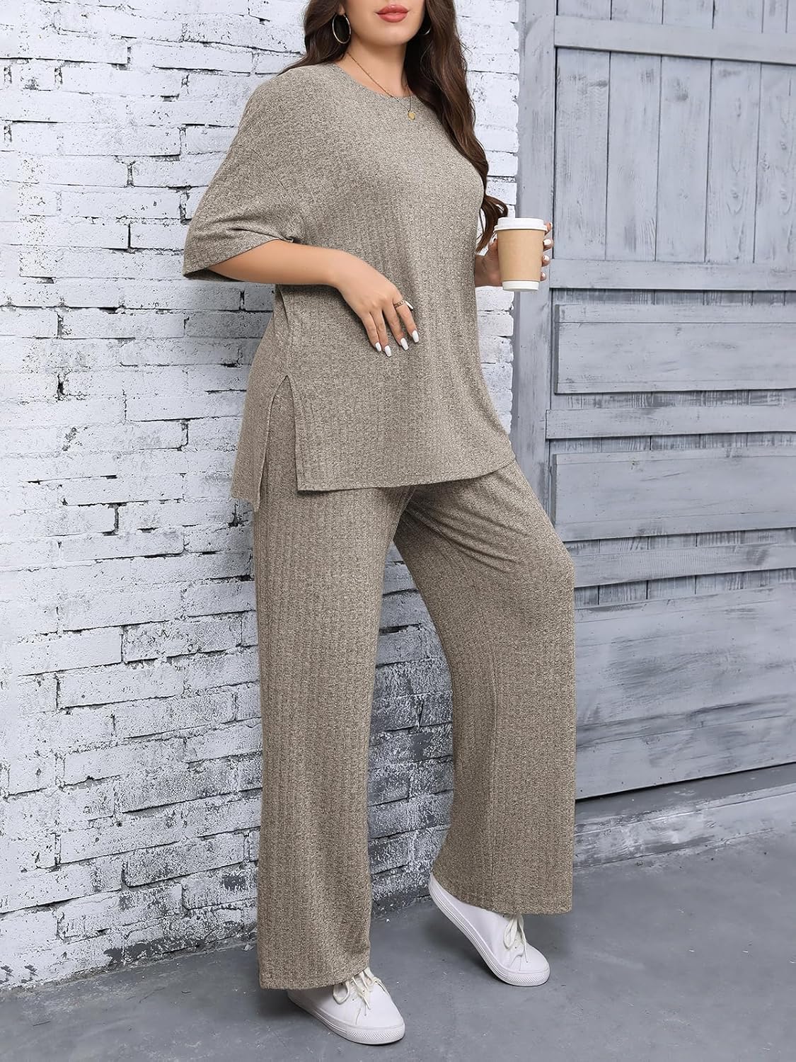 Beautife Womens Plus Size 2 Piece Lounge Sets Ribbed Short Sleeve Tops and Wide Leg Pants Set Travel Airport Outfits - Image 3