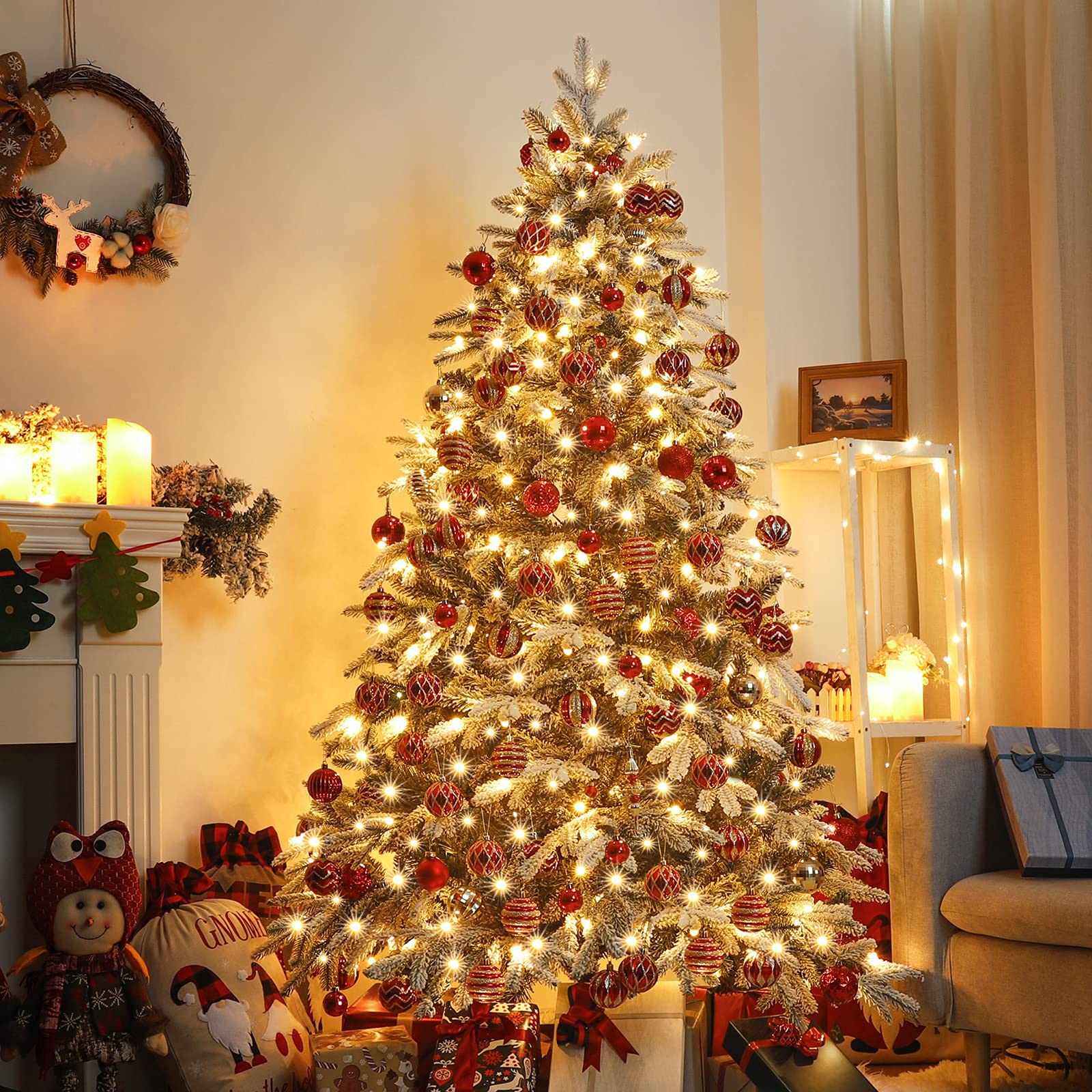 Yorbay Künstlicher Weihnachtsbaum mit Beleuchtung Schneeflocken: 210cm Hoch | Weiß Schnee LED Tannenbaum für Weihnachten Dekoration Wohnzimmer - Premium Weihnachtsbaum aus PE&PVC - Stabiler Metallständer