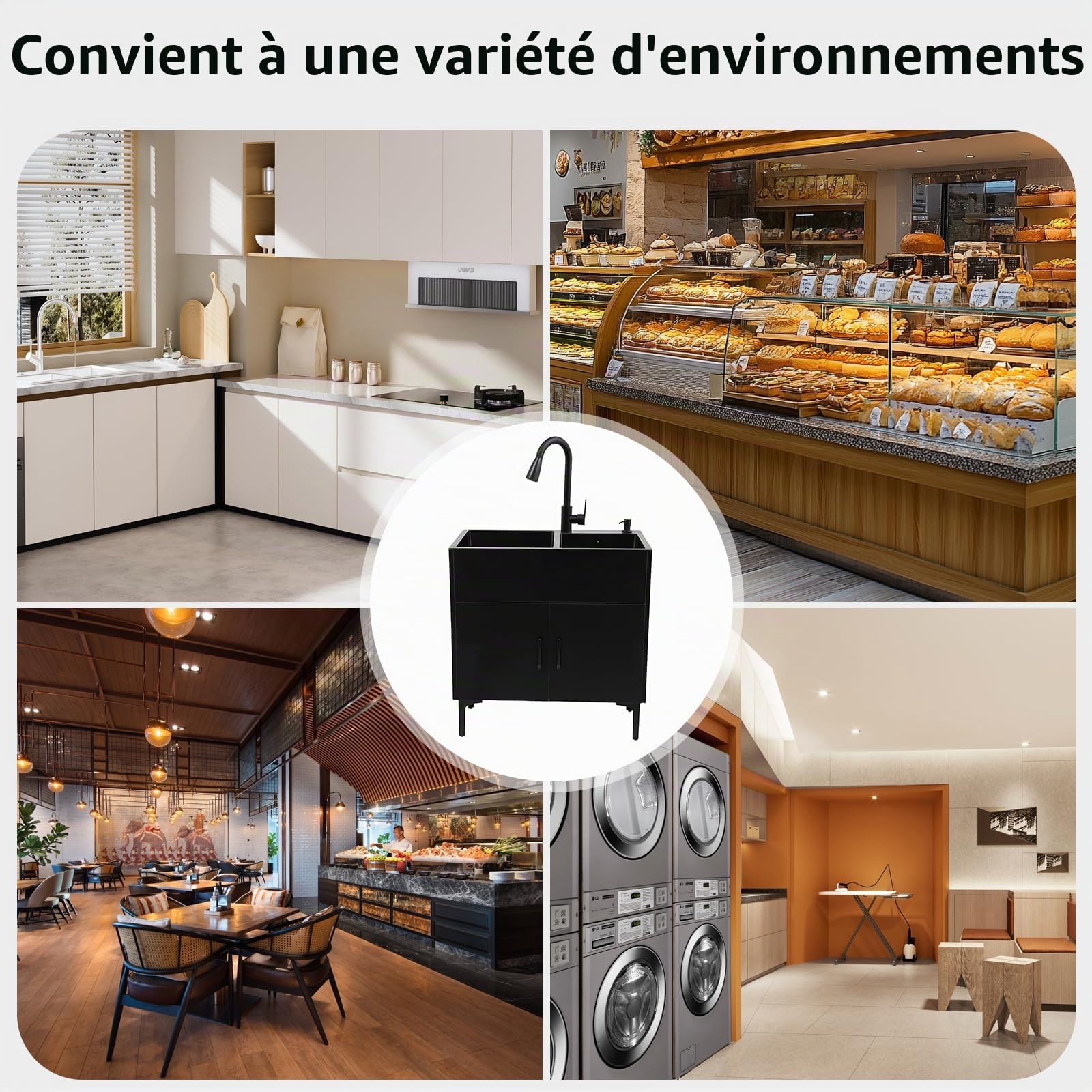 Évier de cuisine indépendant avec meuble de base et robinet coulissant, évier en acier inoxydable avec panier égouttoir, 75x41x78cm évier avec meuble de base, lavabo pour restaurants, pâtisseries et
