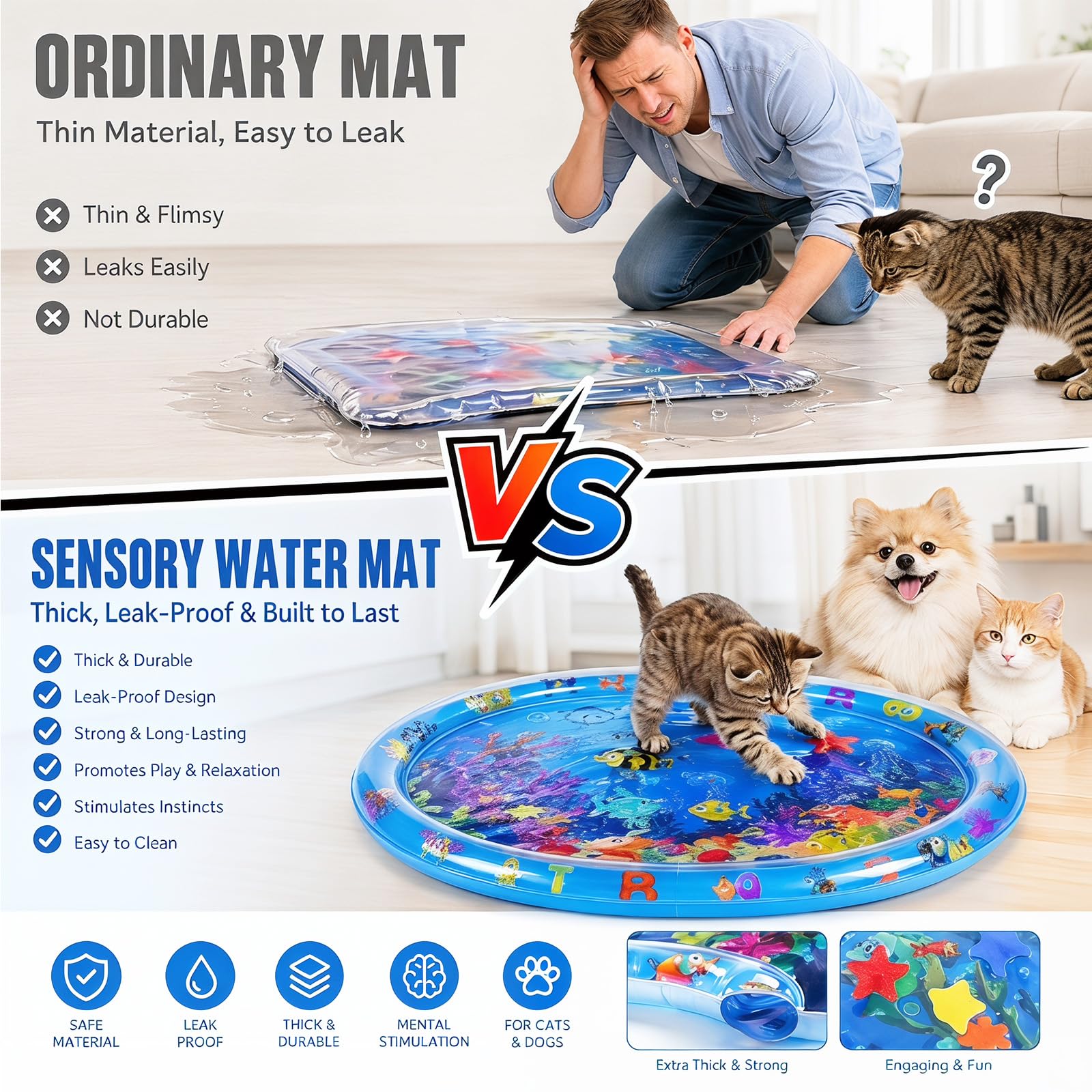 Wasserspielmatte Katze, Kühlmatte Katzen Hund, Wassermatte Baby, Spielmatte Sensorik Spielzeug Wasser, Interaktives Katzenspielzeug Wassermatte für Haustier Innen Außenbereich 95x95CM