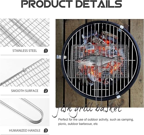 Miniatura 3 de Yardwe Cesta de parrilla de pescado de acero inoxidable para barbacoa, cesta de parrilla de barbacoa, red de alambre con asa para pescado, carne,