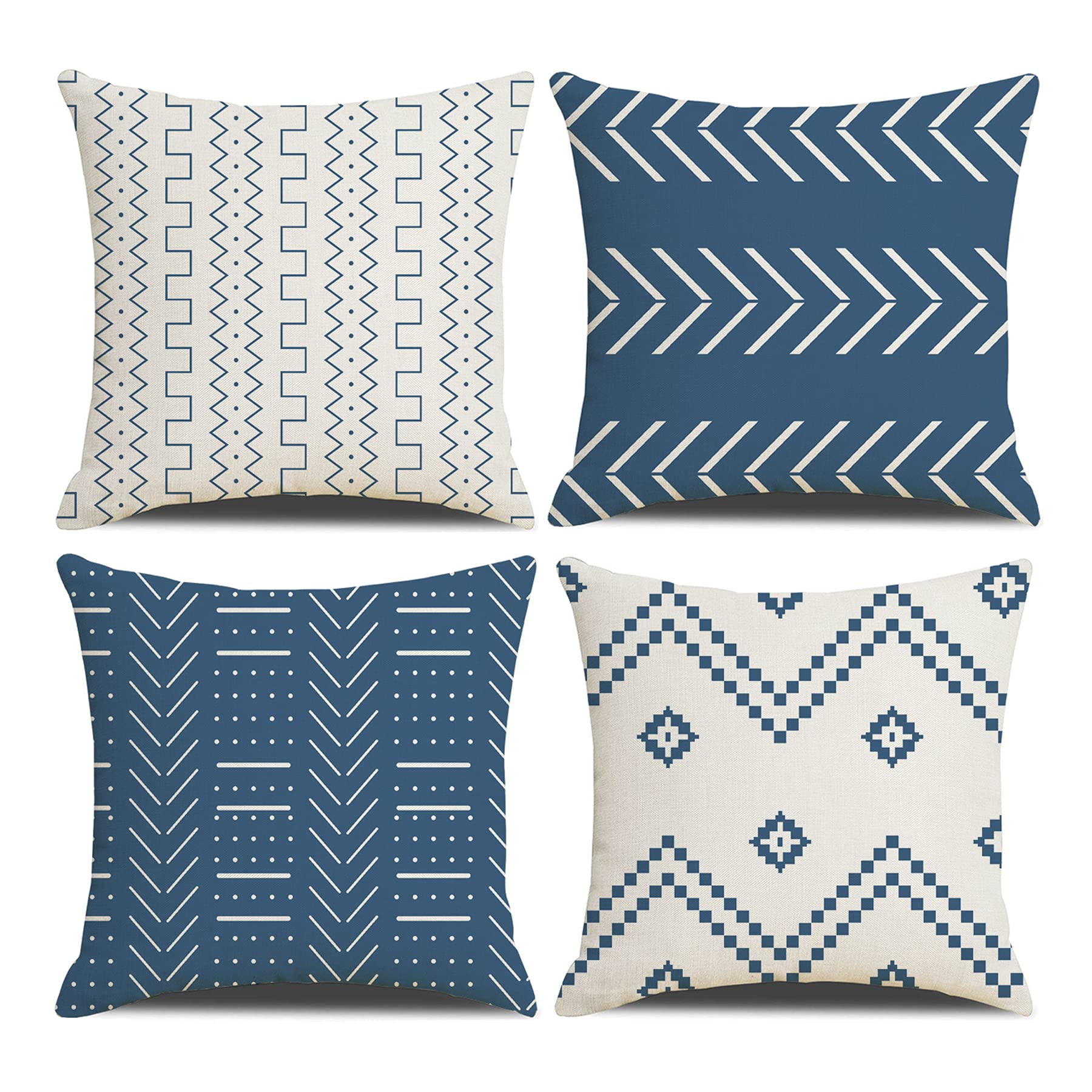 Fundas de Cojines 50 x 50 cm Farmhouse, Juego de 4 Cuadradas Con Textura Patchwork Azul Claro para Sofá, Silla, Dormitorio, Decoración Moderna Hogar y Oficina