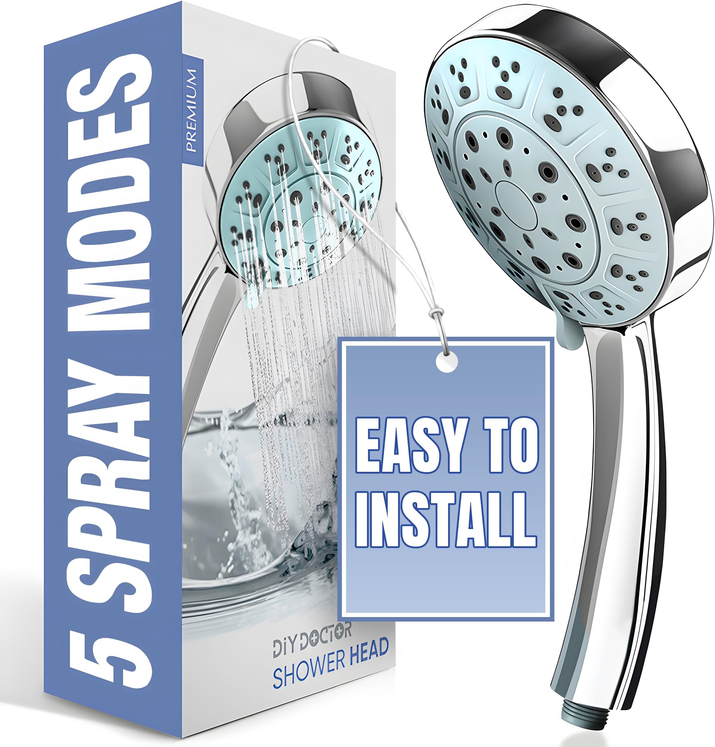 DIY Doctor Universal Shower Head - High Power Shower Head - High Pressure Shower Heads - 5 Adjustable Spray Modes - Stunning Chrome Finish - Easy Limescale Removal Showerhead - Handheld Showers