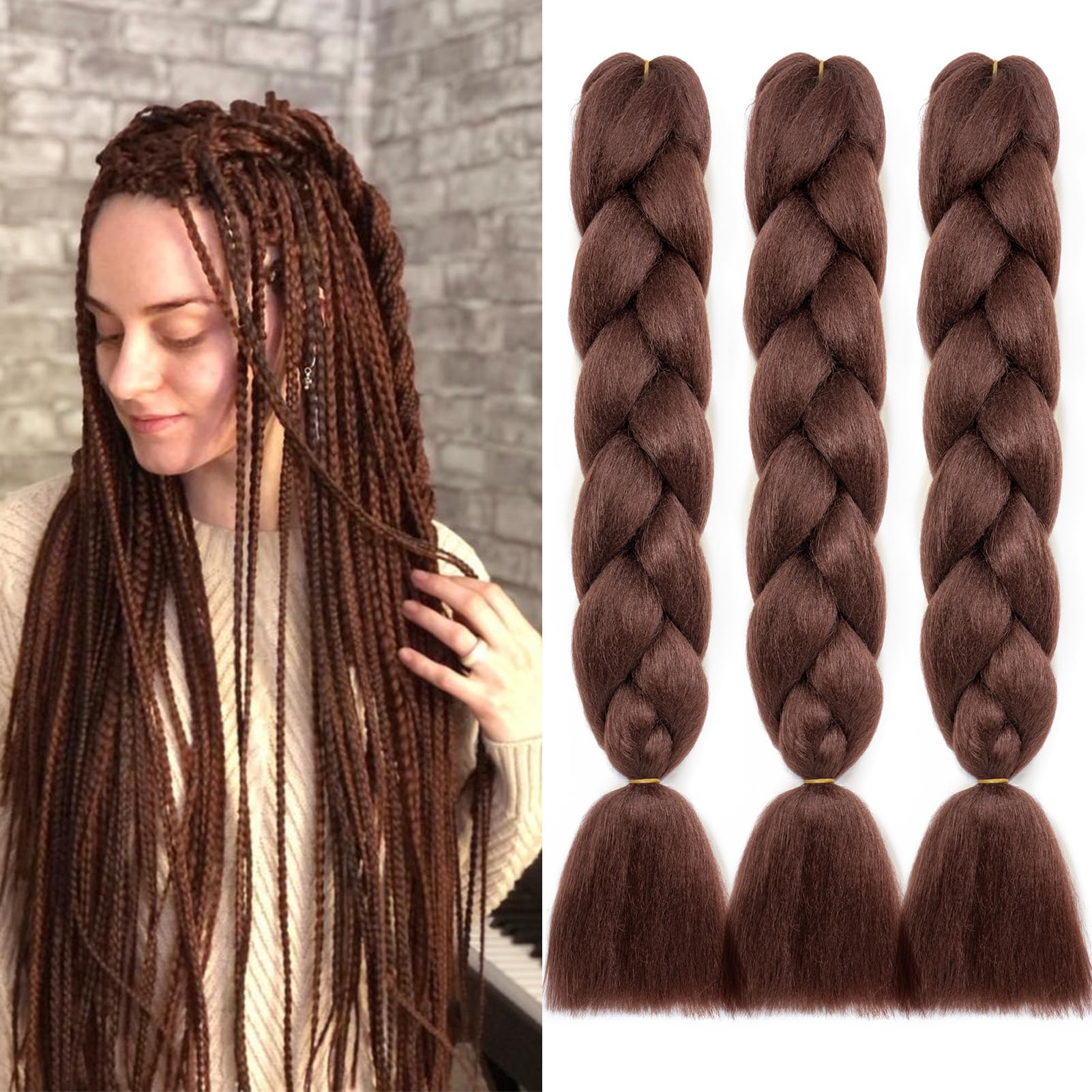 Dcbaboo Extension per Treccine Africane Auburn 60cm Extension Capelli Finti per Treccine Africane Extension Trecce Capelli Sintetici Kanekalon 3 Ciocche Ombre Jumbo Braiding Hair, Auburn scuro
