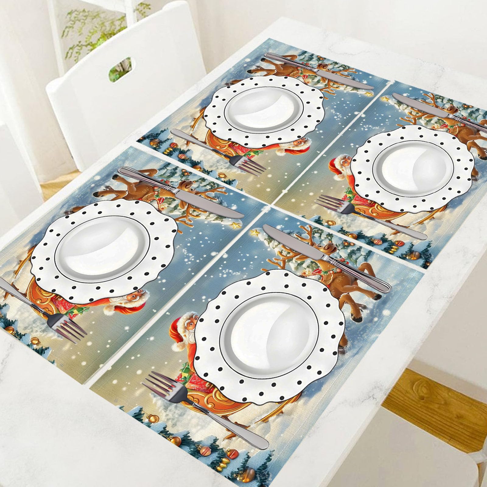 Tovagliette all'americana stampate con Babbo Natale, ideali per tavolo da pranzo in cucina, antiscivolo, lavabili, resistenti al calore, in tessuto, confezione da 4, colore turchese, 45 x 30 cm