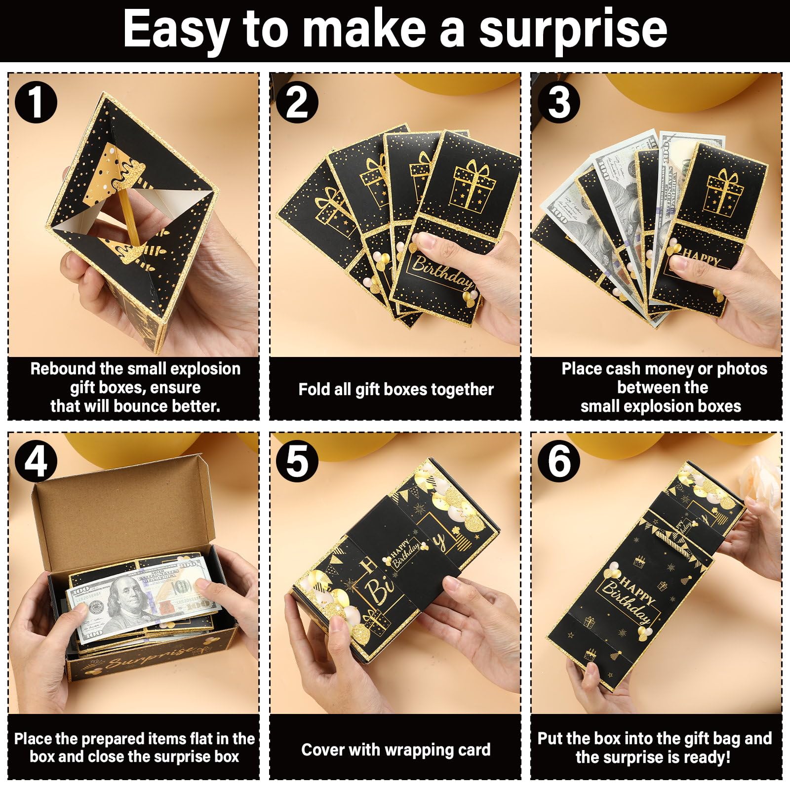Jacyan Birthday Surprise Gift Box Explosion for Money, Exploding Money Gift Box for Cash Pop up Birthday Money Explosion Box Surprise Party Gift 12 Folding Bounce Boxes for Men Women Kids, Black Gold