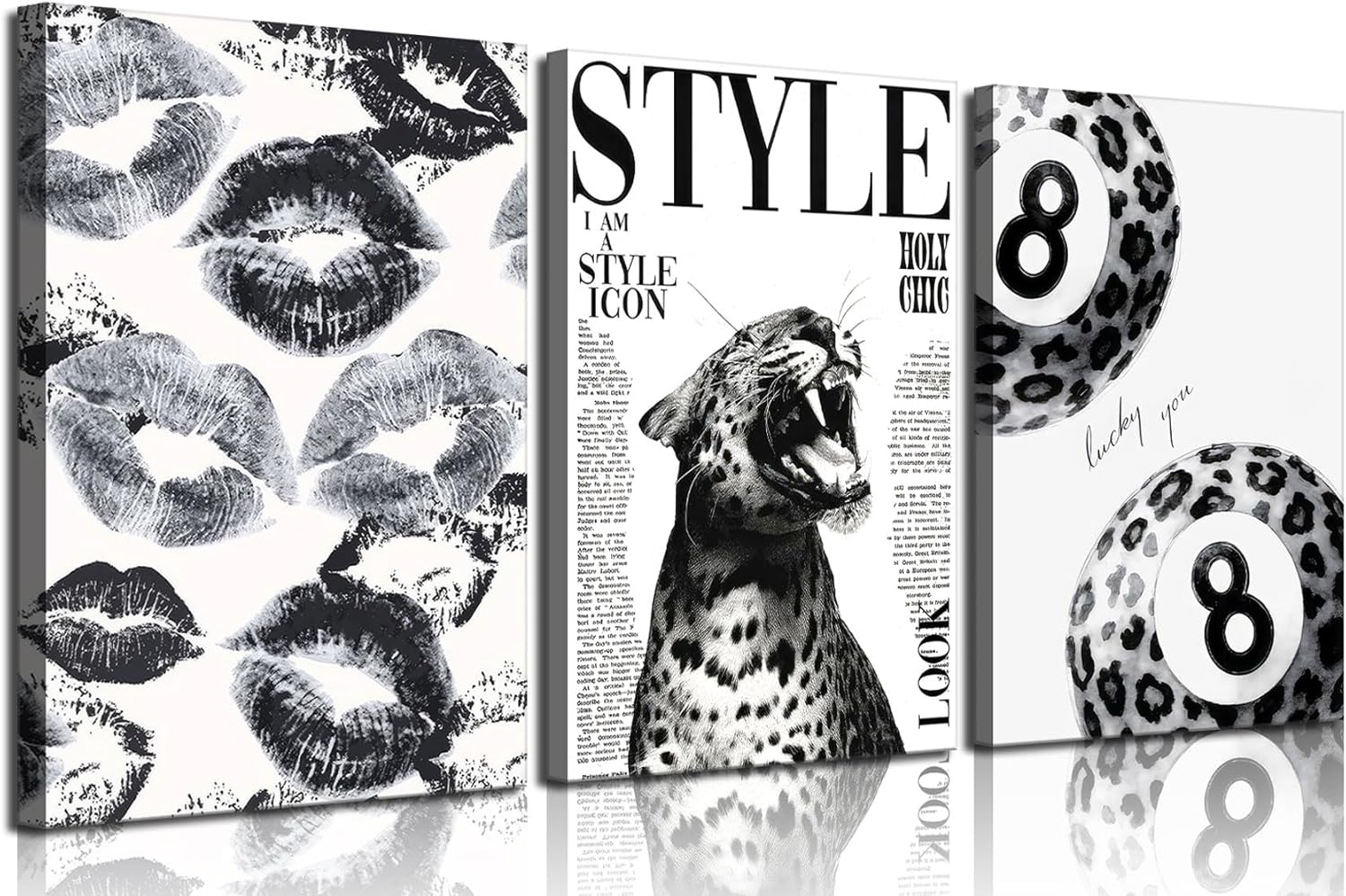 3Pcs Trendy Black and White Leopard Canvas Wall Art Fashion Lucky 8 Ball Lips Pictures Wall Decor Vintage Newspaper Cheetah Posters Prints for Bedroom Apartment Dorm 16x24in
