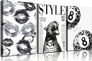 3Pcs Trendy Black and White Leopard Canvas Wall Art Fashion Lucky 8 Ball Lips Pictures Wall Decor Vintage Newspaper Cheetah Posters Prints for Bedroom Apartment Dorm 12x16in