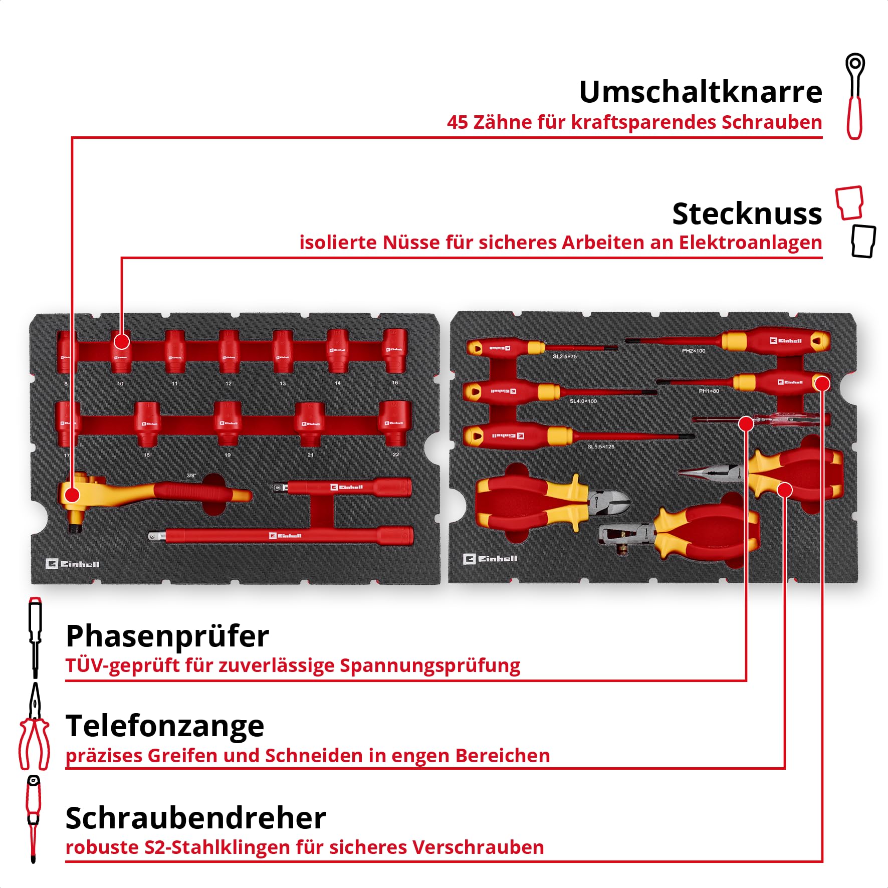 Einhell E-Case 24-tlg. Werkzeugkoffer VDE-Elektriker-Werkzeuge