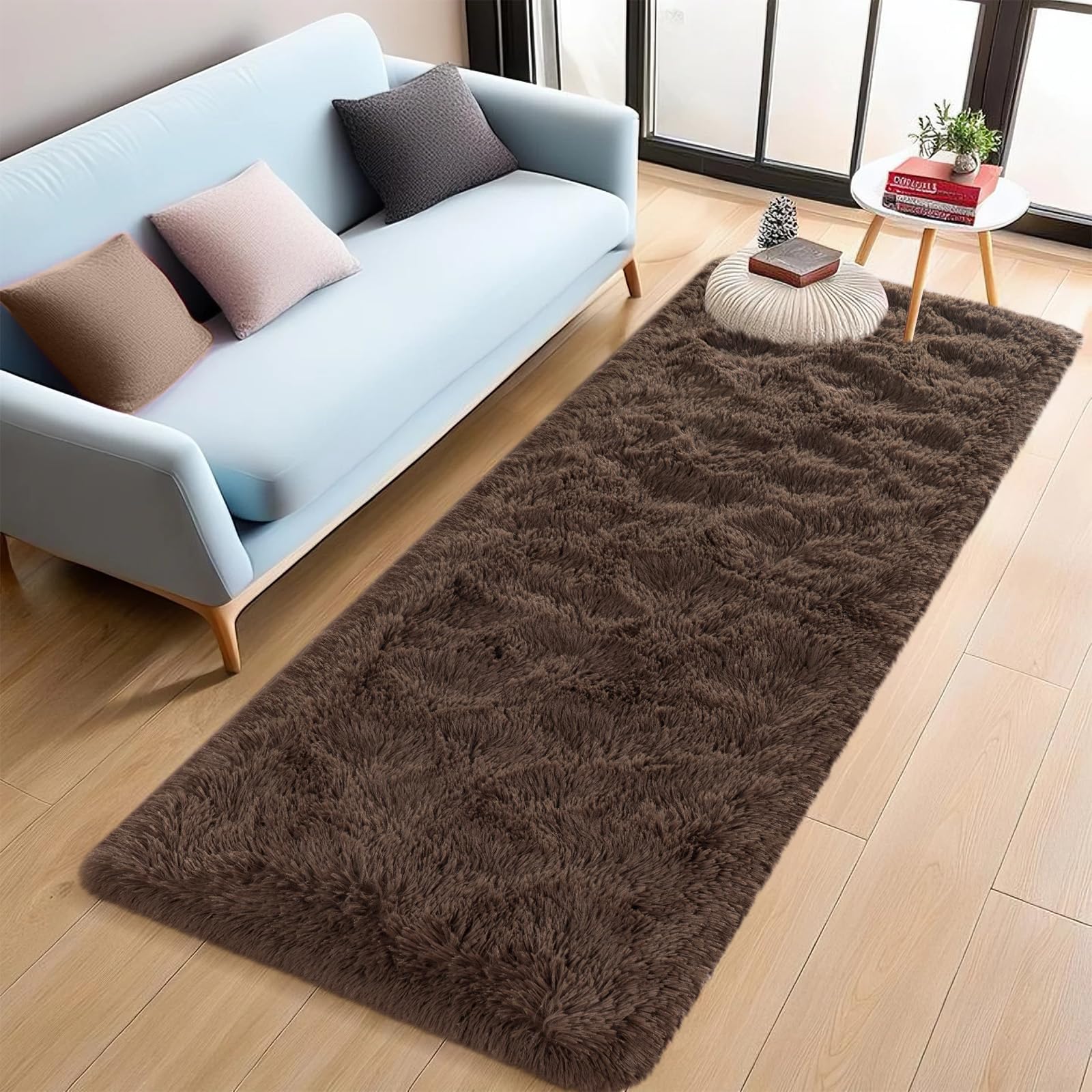 FALARK 2x6 Bedside Runner Rug, Dark Brown Hallway Area Rugs for Bedroom, Fluffy Fuzzy Furry Washable Carpet, Non Slip Plush Soft Carpets for Entrance Kitchen Laundry Living Room Decor