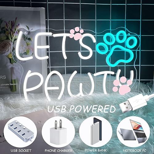 Miniatura 6 de Lets Paw-ty - Letrero de neón para fiesta de cumpleaños de perro y gato, luces de neón regulables, USB con estampado de patas de mascotas, letrero