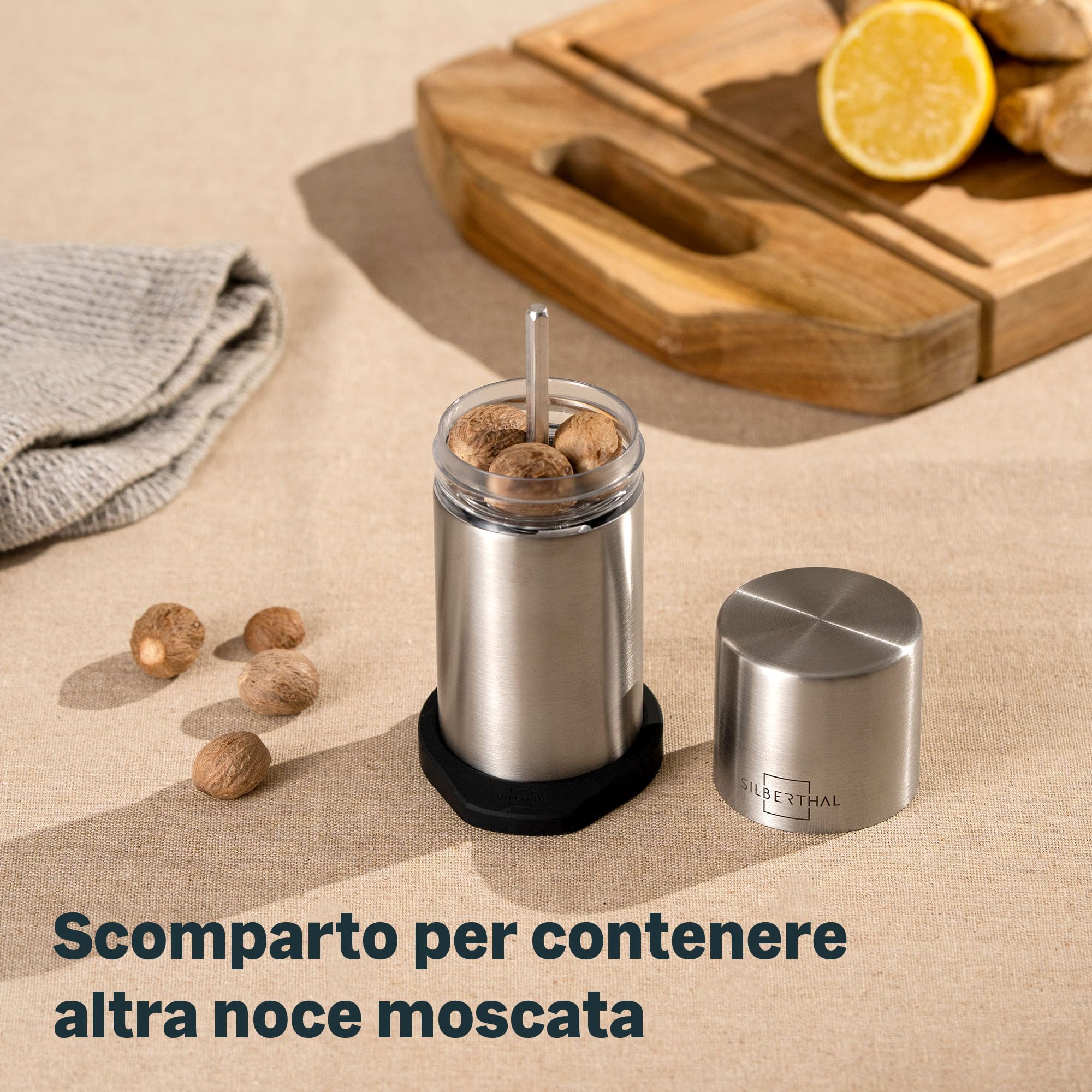 SILBERTHAL Macina noce moscata | Trita noce moscata | Grattugia noce moscata | Macina manuale noci con capienza per 4 noci moscate