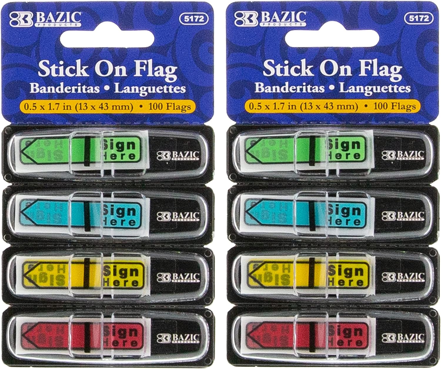 BAZIC Products Neon Page Marker Dispensers, Sticky Notes for Study Materials, Office Use, Sign Here & Neon Colored Page Markers for Books and Documents, 0.5x1.7, 100 Flags/Pack, 24-Packs