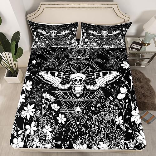 Erosebridal Sábanas de cama de polilla gótica, tamaño Queen, sábana bajera ajustable de sol y luna, ropa de cama de cielo estrellado, sábana bohemia