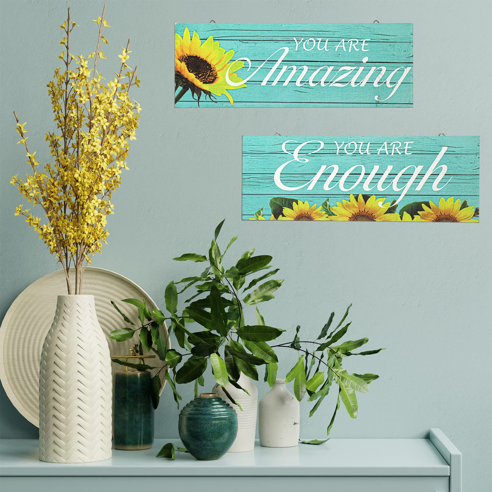 4 piezas de decoración de pared de girasol con texto en inglés You are Loved, decoración inspiradora de girasol, decoración de baño, turquesa, granja, arte de pared, letrero de madera 3