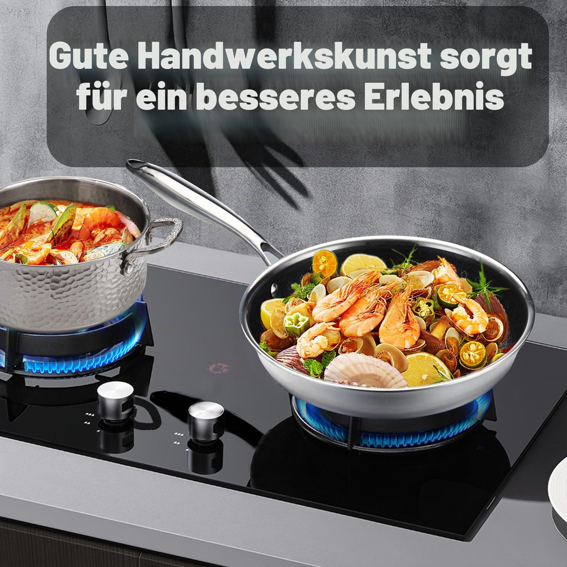 20-teiliges Kochgeschirr-Set mit Antihaft-Pfannen, gehämmerten Töpfen, Silikonutensilien, 26,0 cm und 28,0 cm Bratpfannen, Edelstahlkonstruktion