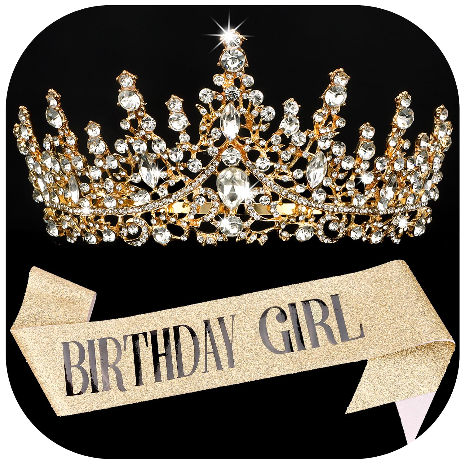 COCIDE BIRTHDAY GIRL Sash for Women Happy Birthday Sashes and Crowns for Girls Crystal Tiaras for Princess Gold Party Decoration for Gift Headband