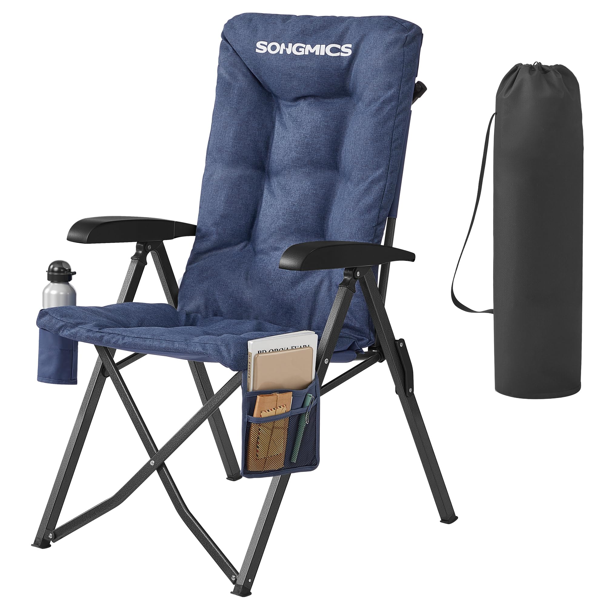 SONGMICS Campingstuhl faltbar, für Erwachsene, 95°-150° verstellbare Rückenlehne, Klappstuhl 6 cm Polsterung, Getränkehalter, Seitentasche, Tragetasche, Garten Camping Angeln, blau GCB016QZ01