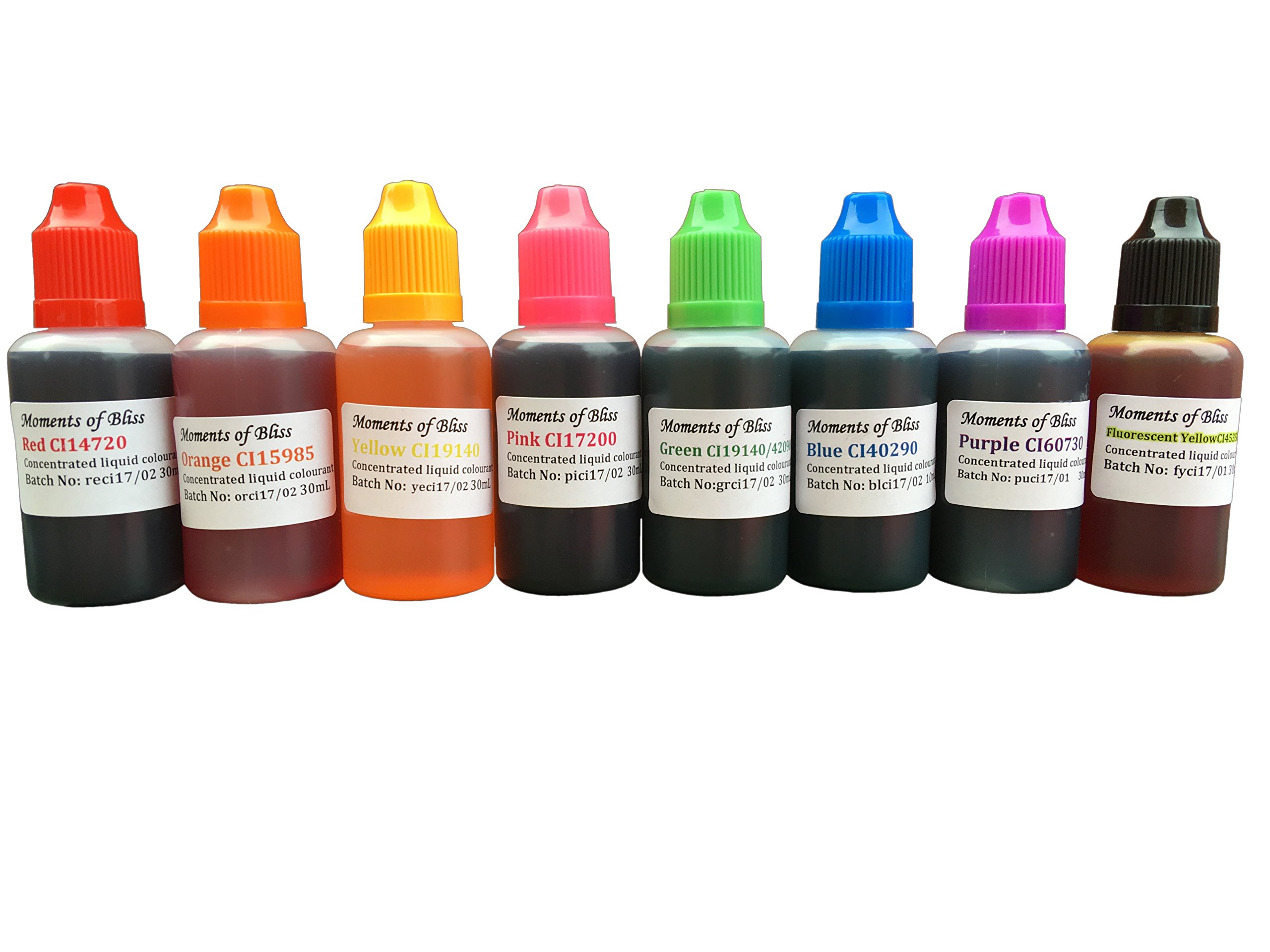 Moments Of Bliss Cosmetics Red, Blue, Yellow, Green, Orange, Purple, Fluorescent Yellow/Green And Pink 8 X Soap Making Bath Bomb Cosmetic Colours Water Based Dyes 30Ml Set - Highly Concentrated!