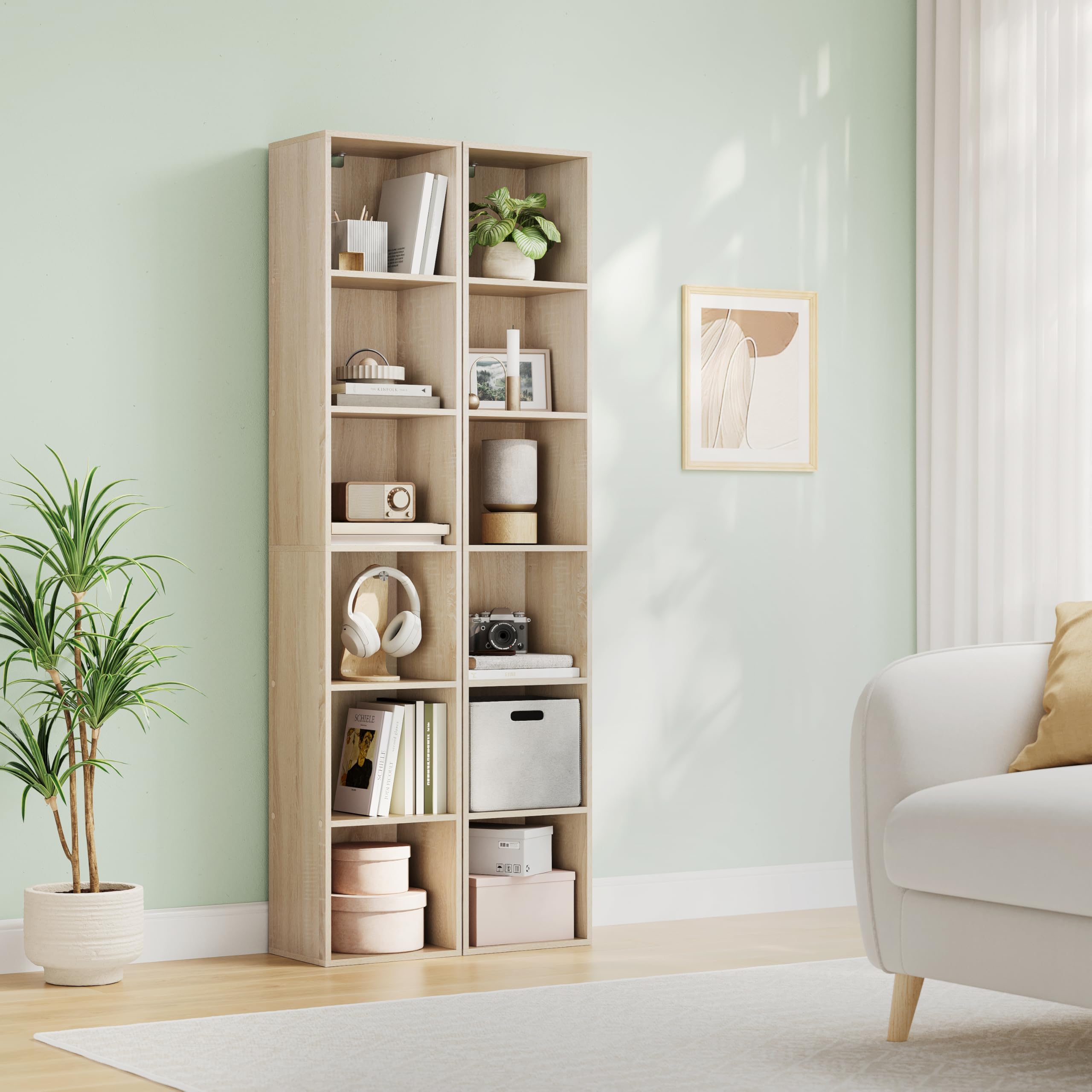 WOLTU Estantería de Piso para Libros de Exposición, con MDF, Roble Claro, Estante de Pared para Oficina, Gabinete para Archivos, 6 Compartimintos, 30x24x158,5cm SK003hei6