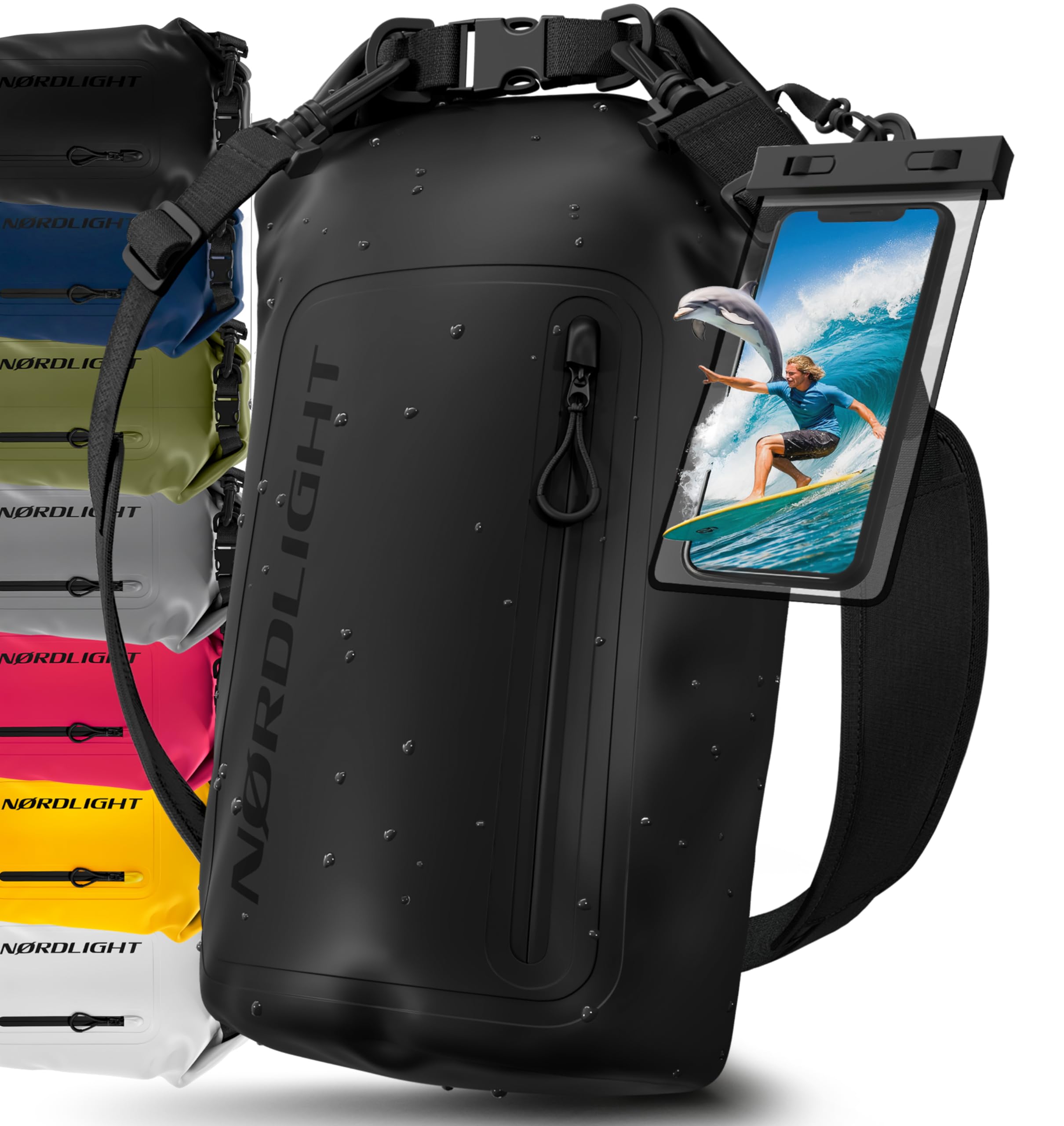 Nordlight Dry Bag wasserdichte Tasche mit Handyhülle + Roll-Top, Schultergurt | Drybag wasserfester Rucksack Beutel Packsack Seesack Wassersack Wetbag | Baden Schwimmen Strand SUP – Schwarz, 30 Liter
