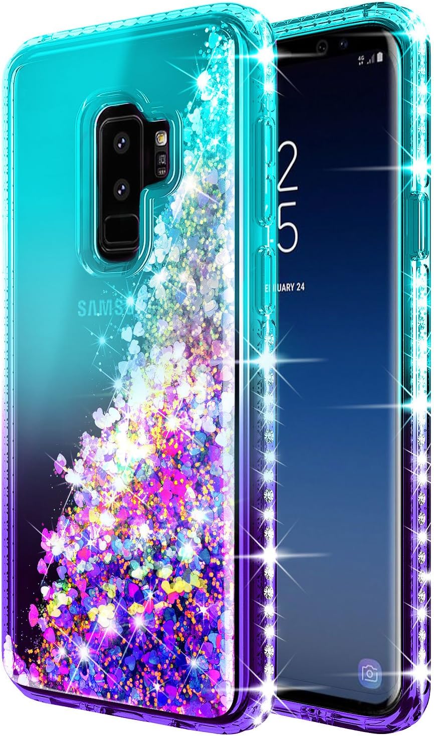 Galaxy S9 Plus Case, NageBee Glitter Liquid Floating Sparkle Bling Waterfall Diamond Cute Phone Case for Samsung Galaxy S9+ Plus with Screen Protector (3D PET Full Coverage) -Aqua & Purple