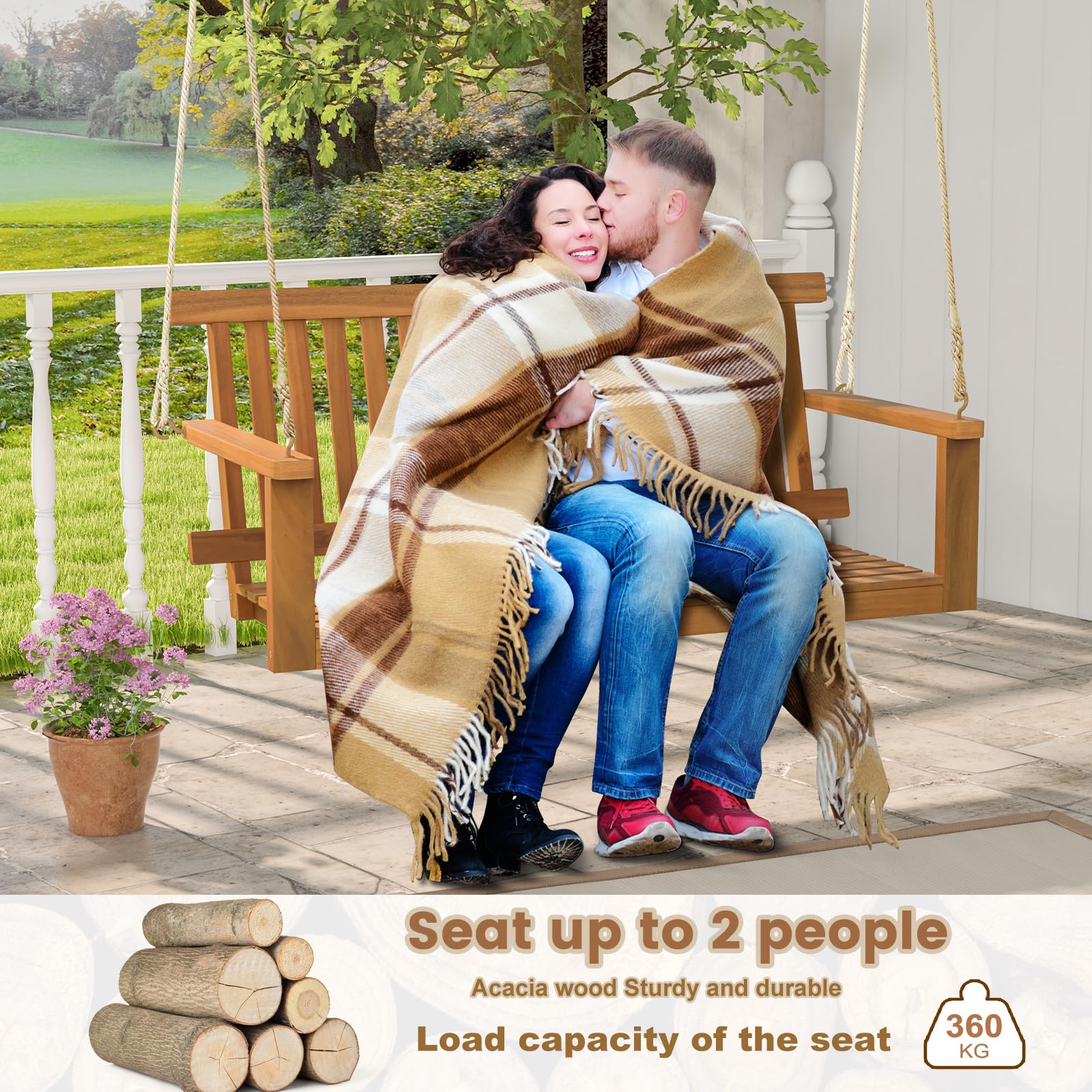 KOMFOTTEU 2-osobowa ławka wisząca, huśtawka ogrodowa z drewna akacjowego, wiszący fotel, obciążenie 360 kg, wiszące siedzenia, 2 osoby na taras, patio, do ogrodu, 130 x 63 x 57 cm